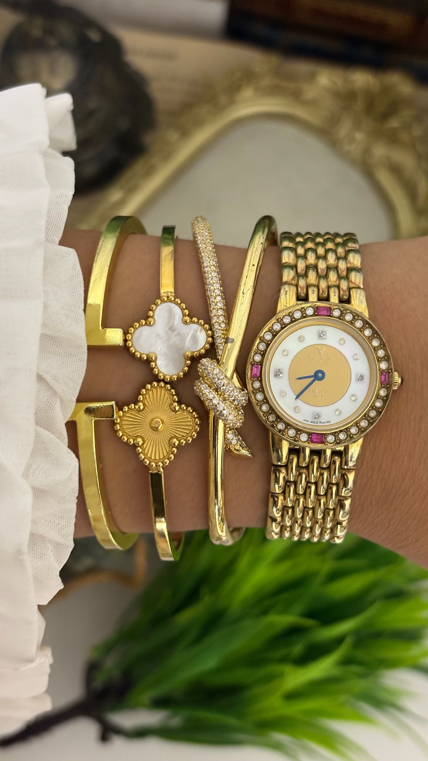Extremely Rare Vintage Valentino Romani Ruby Accent Diamond Bezel Dress Watch in 24K Plated Gold Tone Mother of Pearl Dial Quartz