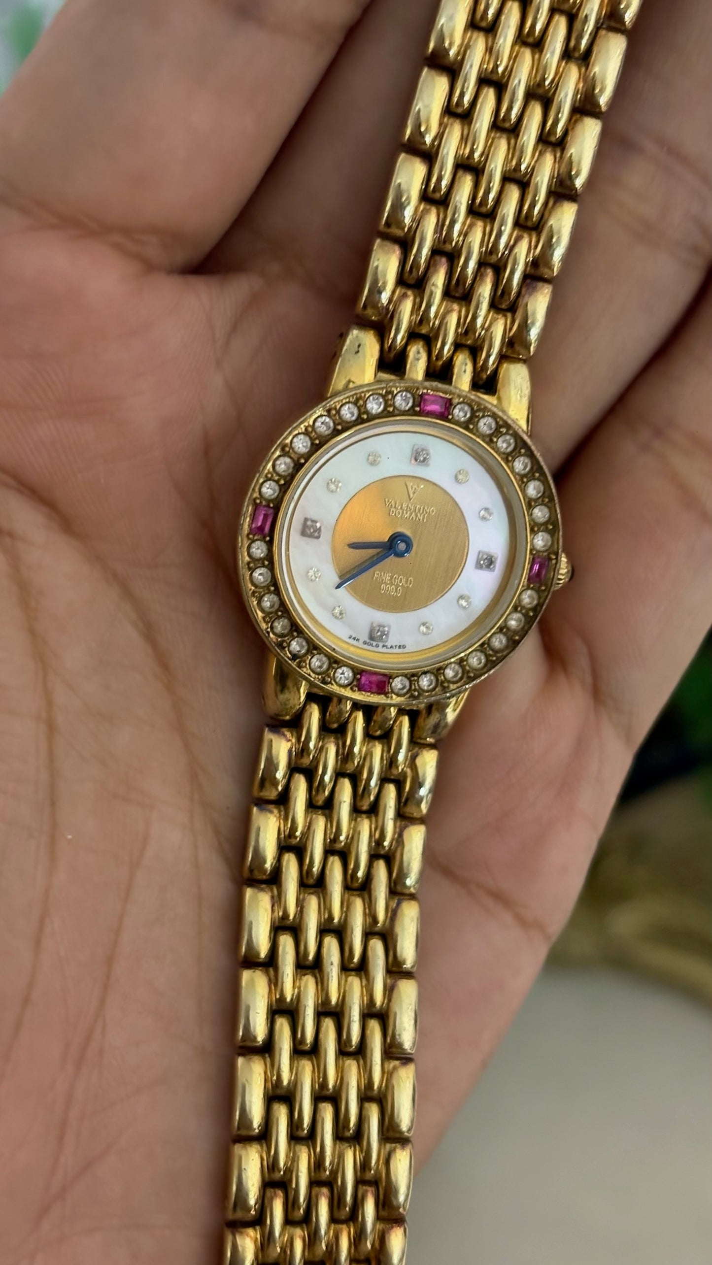 Extremely Rare Vintage Valentino Romani Ruby Accent Diamond Bezel Dress Watch in 24K Plated Gold Tone Mother of Pearl Dial Quartz