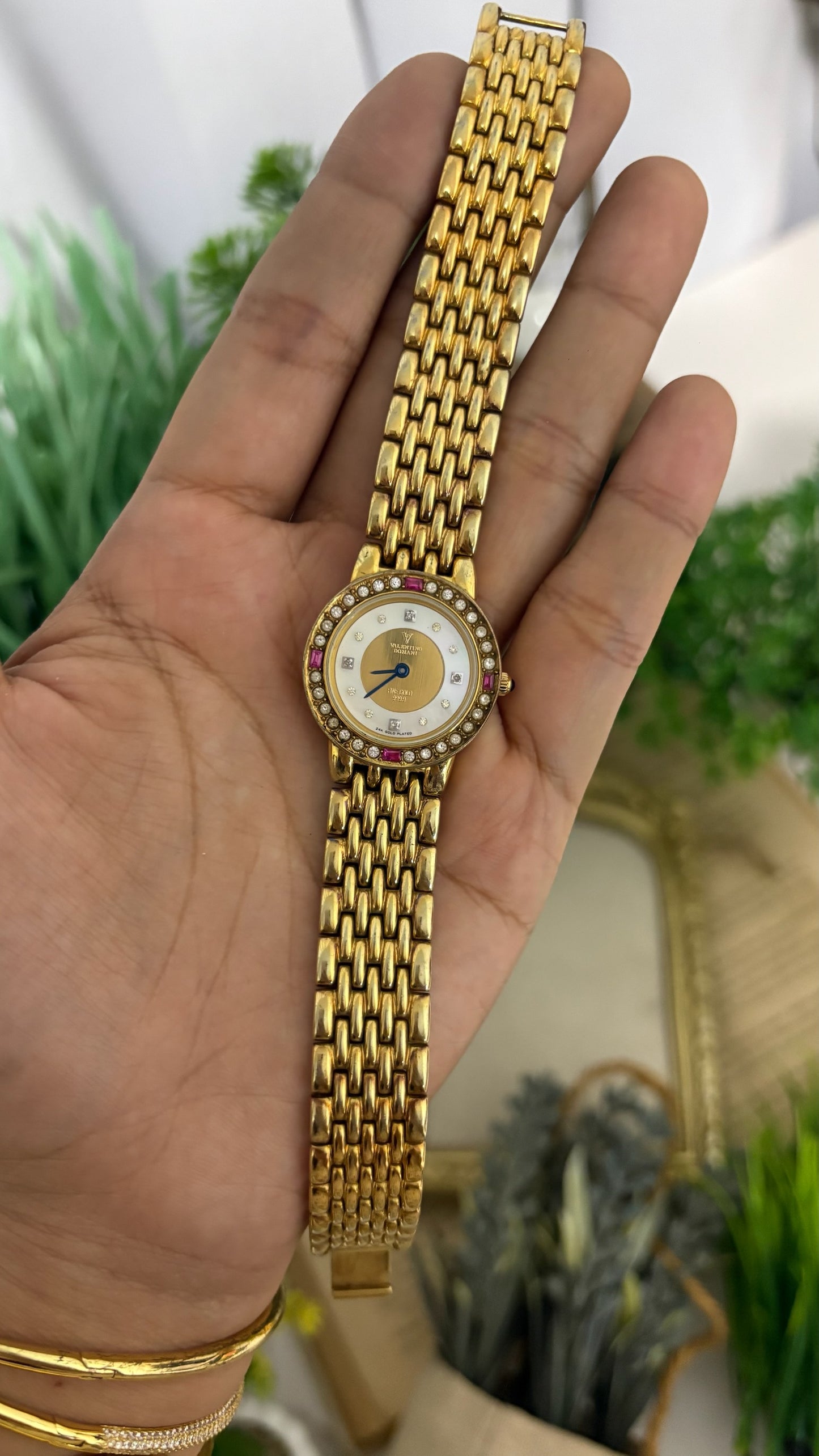 Extremely Rare Vintage Valentino Romani Ruby Accent Diamond Bezel Dress Watch in 24K Plated Gold Tone Mother of Pearl Dial Quartz