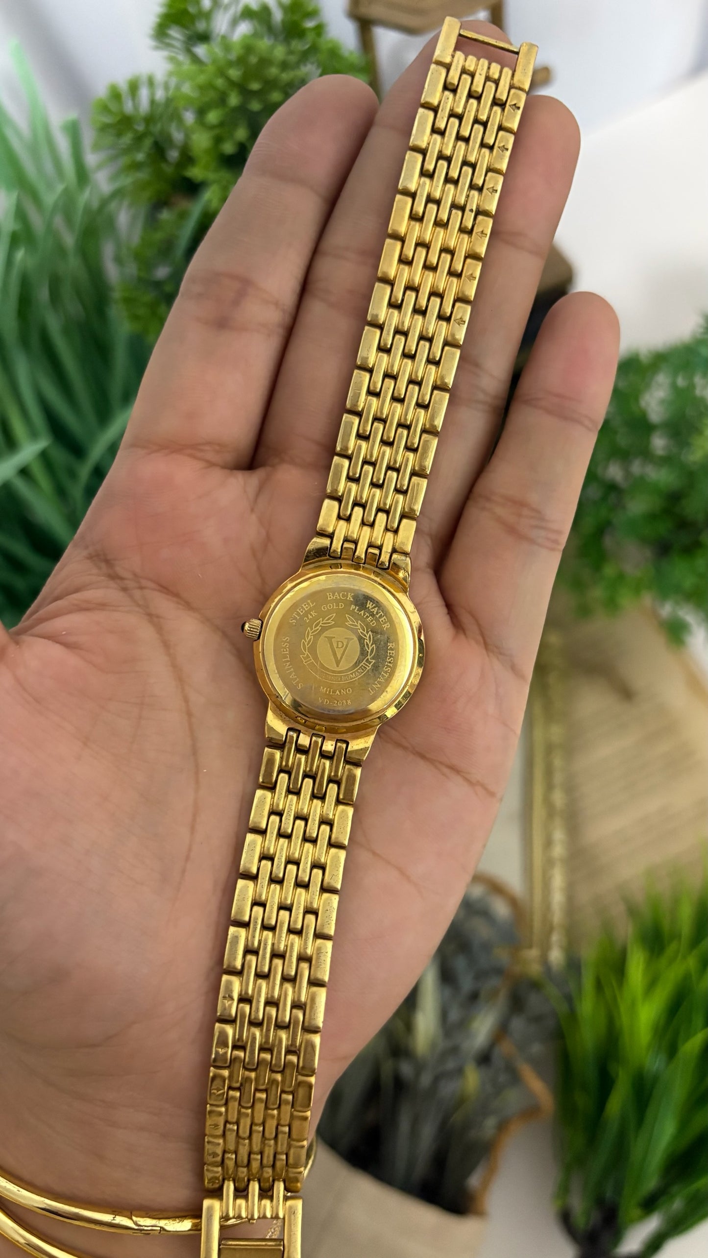 Extremely Rare Vintage Valentino Romani Ruby Accent Diamond Bezel Dress Watch in 24K Plated Gold Tone Mother of Pearl Dial Quartz