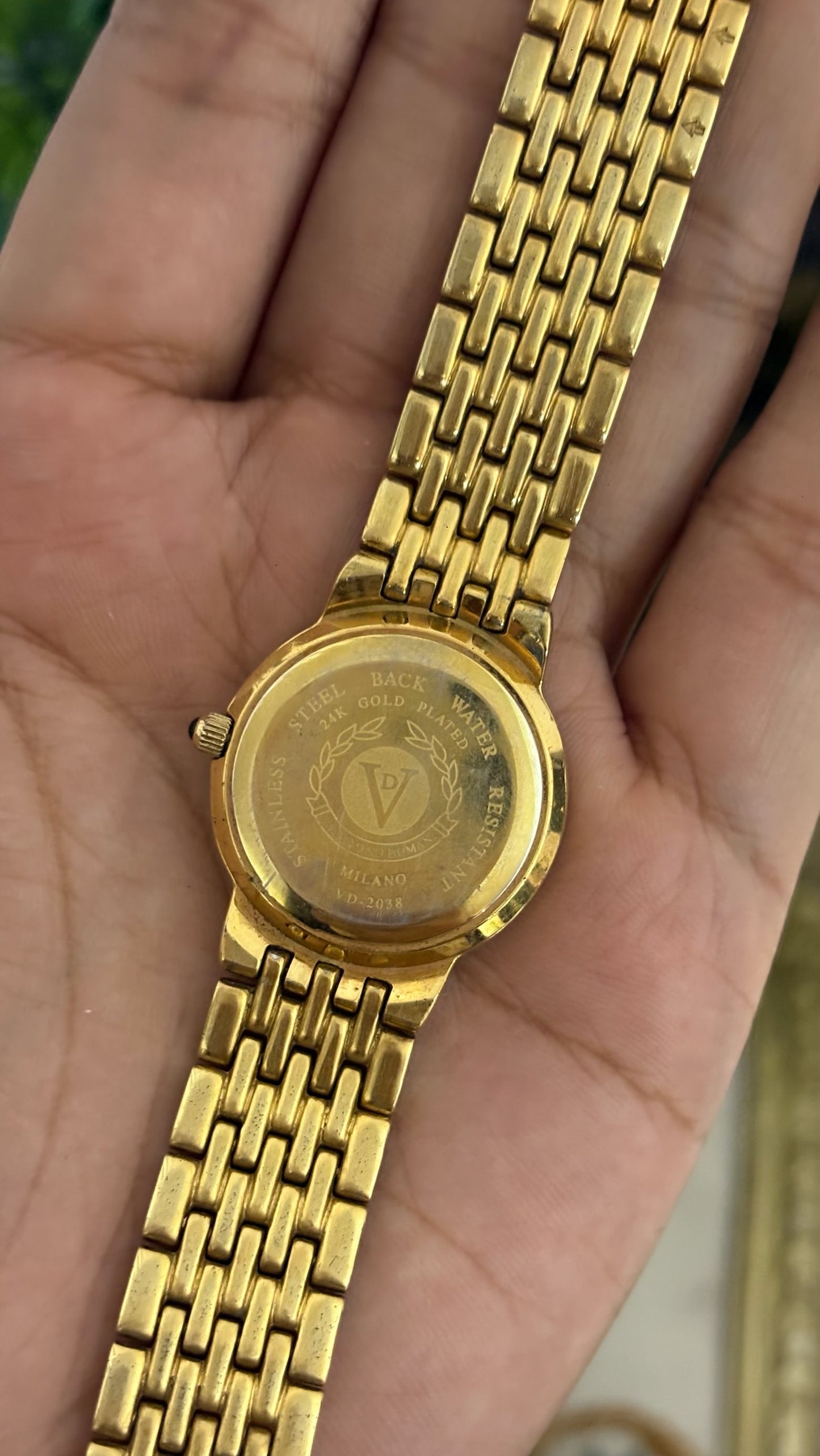 Extremely Rare Vintage Valentino Romani Ruby Accent Diamond Bezel Dress Watch in 24K Plated Gold Tone Mother of Pearl Dial Quartz