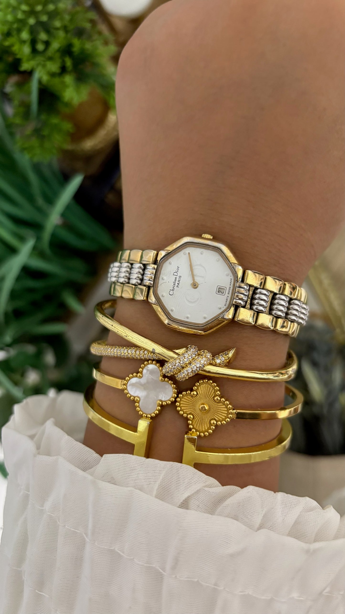 Rare Vintage Christian Dior with Date Window Octagon Watch  in Gold Tone Quartz