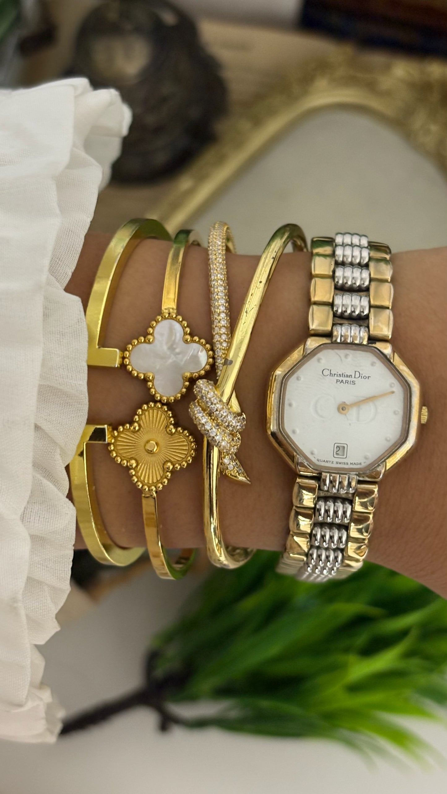 Rare Vintage Christian Dior with Date Window Octagon Watch  in Gold Tone Quartz