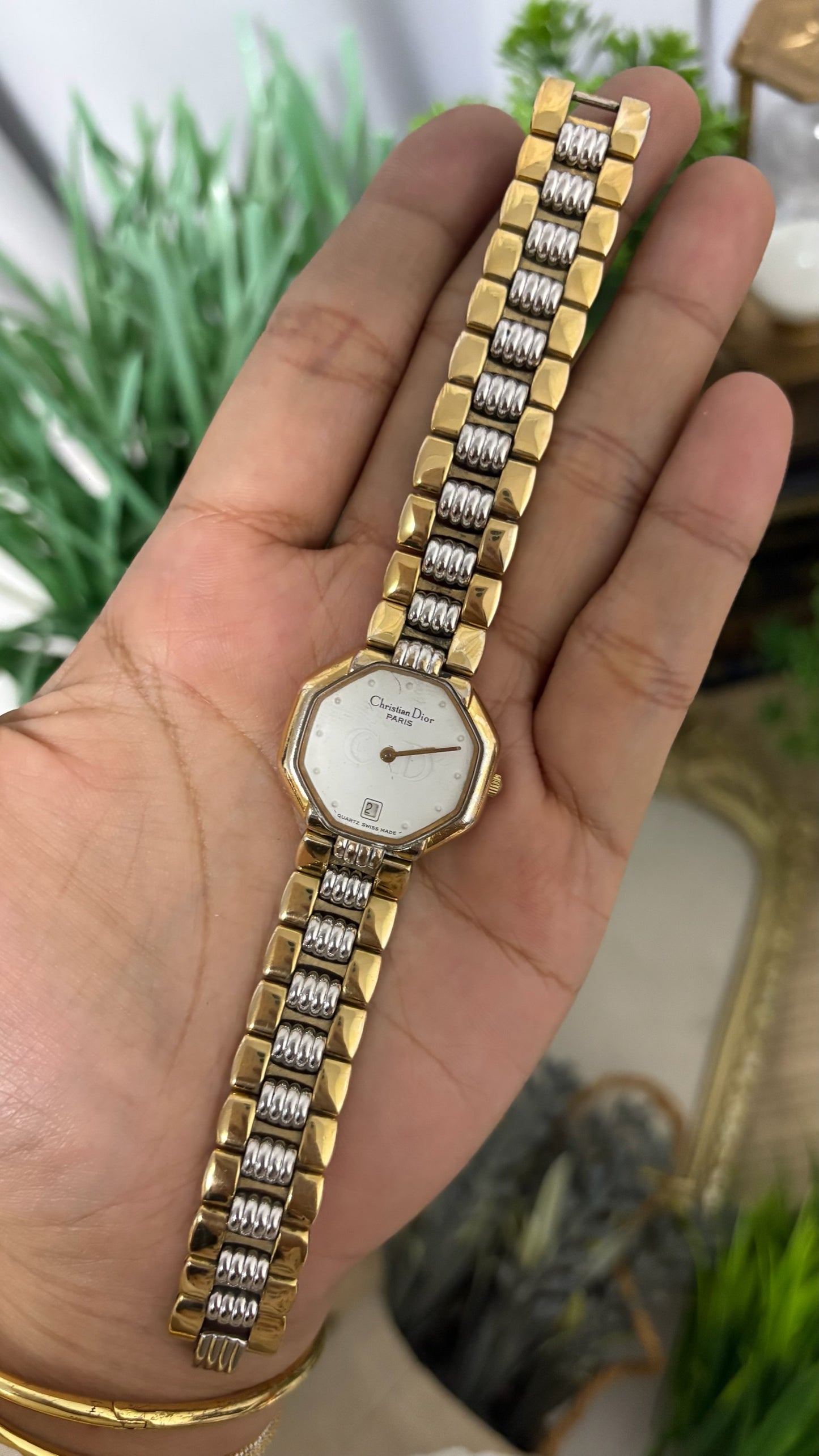 Rare Vintage Christian Dior with Date Window Octagon Watch  in Gold Tone Quartz