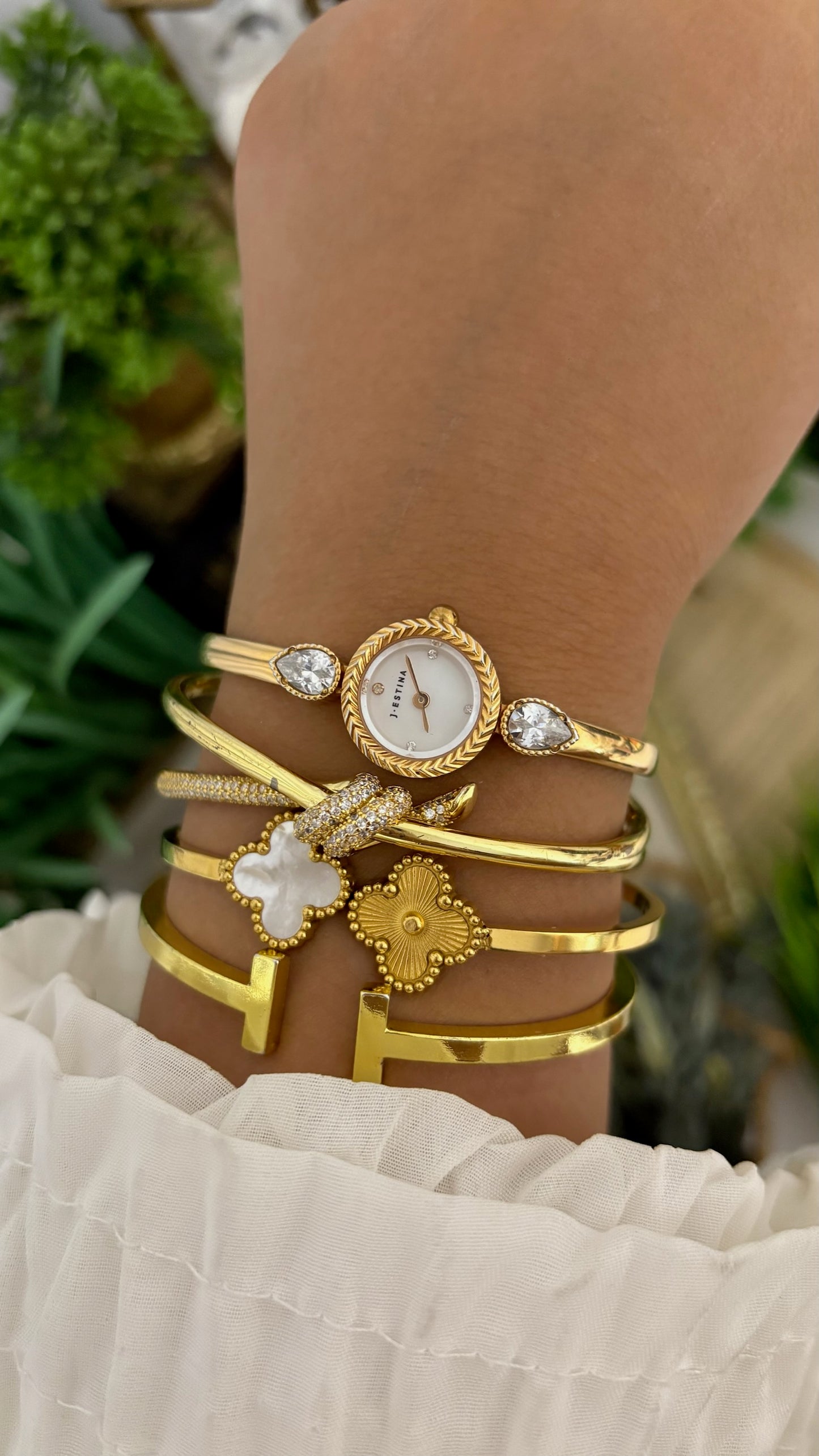 Extremely Rare Vintage J.Estina Princess Bangle Watch in Gold Tone Quartz