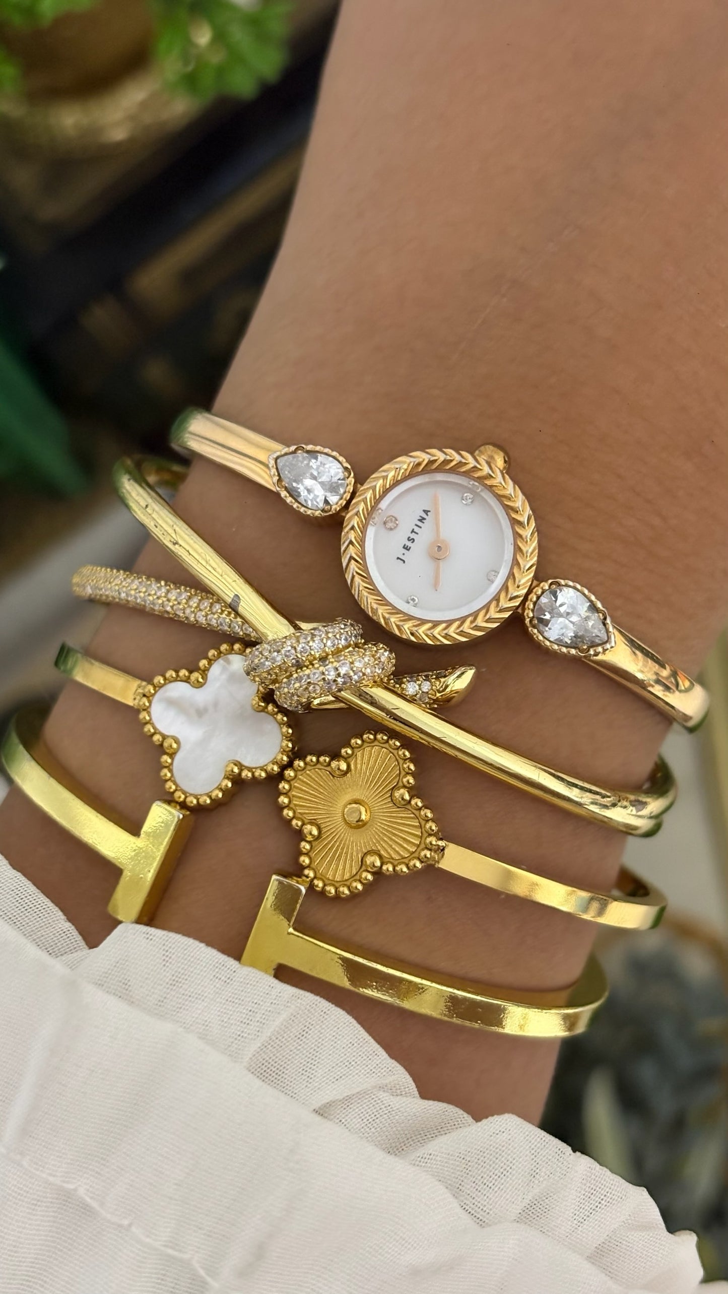Extremely Rare Vintage J.Estina Princess Bangle Watch in Gold Tone Quartz
