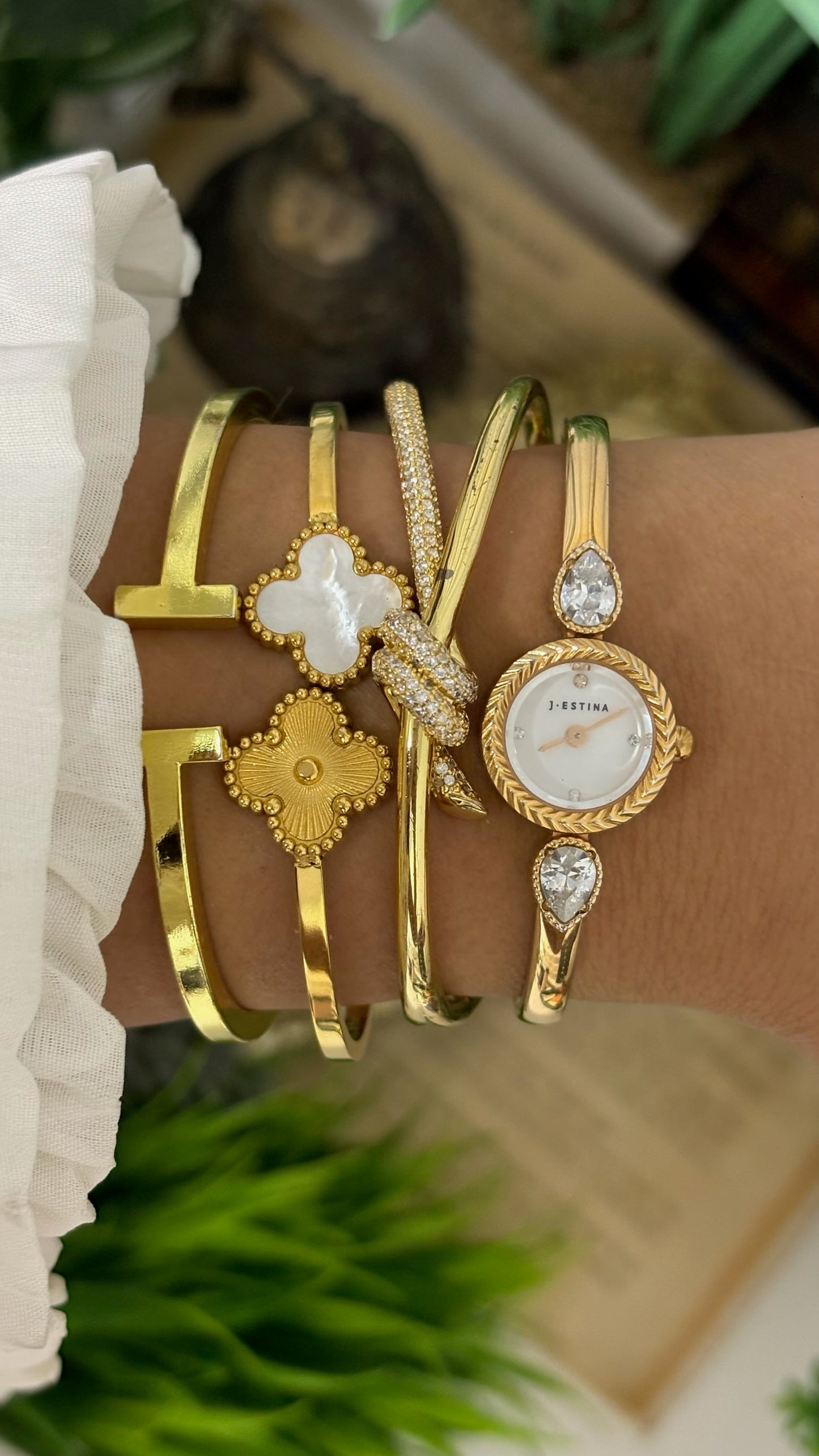 Extremely Rare Vintage J.Estina Princess Bangle Watch in Gold Tone Quartz