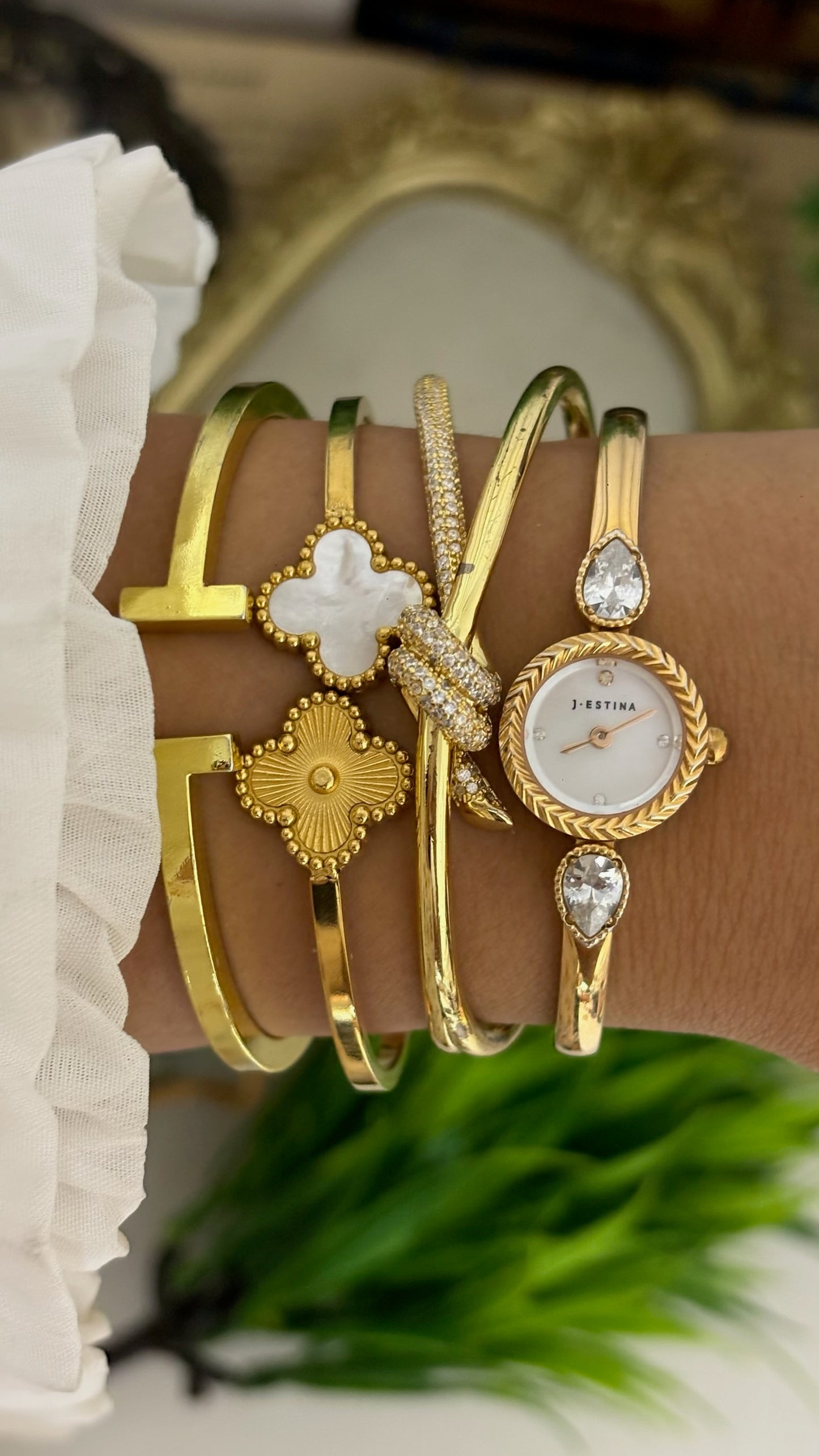 Extremely Rare Vintage J.Estina Princess Bangle Watch in Gold Tone Quartz