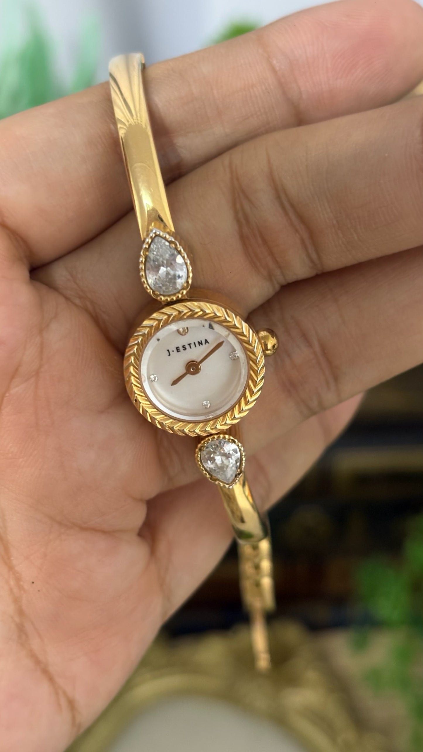 Extremely Rare Vintage J.Estina Princess Bangle Watch in Gold Tone Quartz