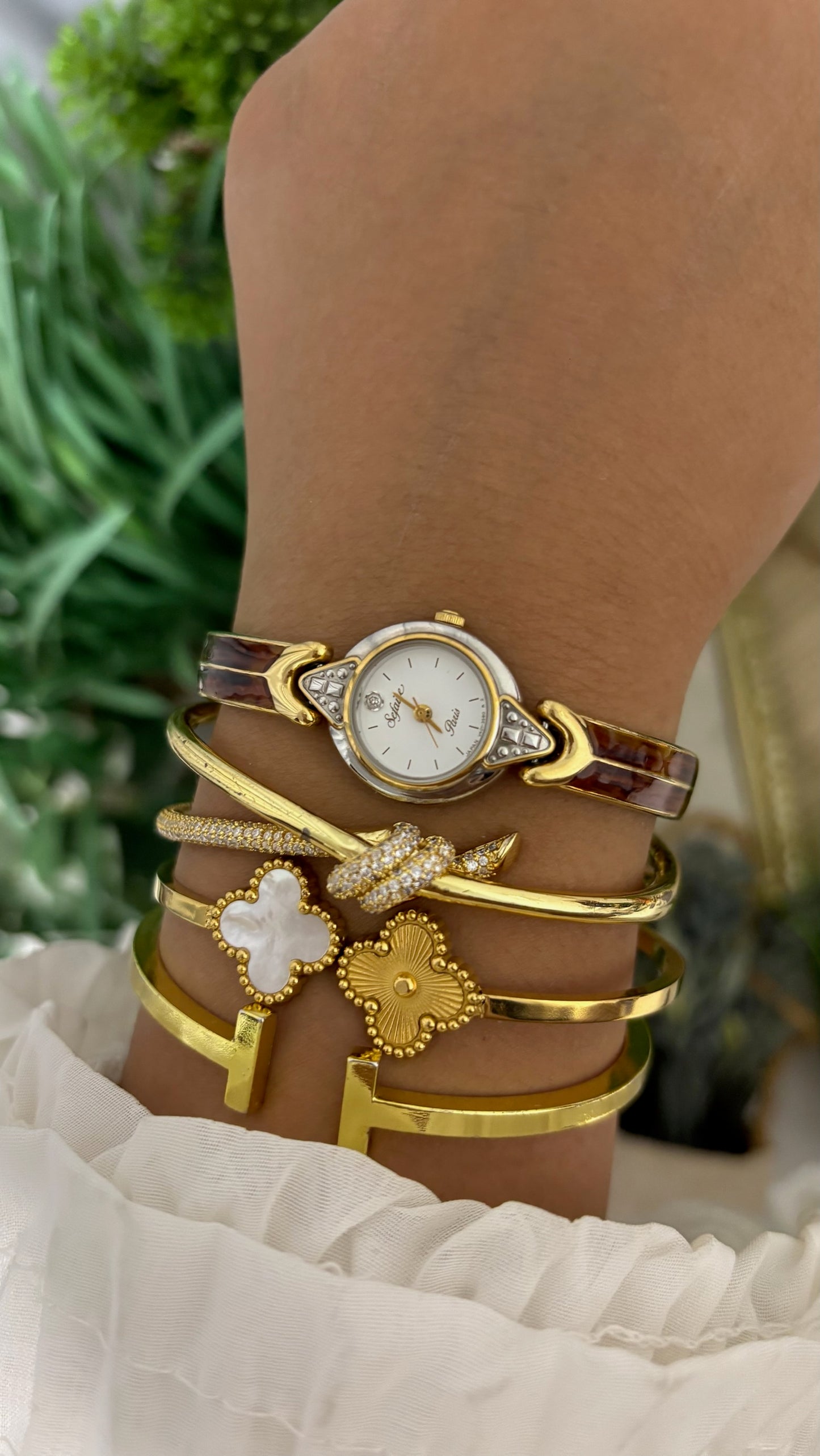 Rare Vintage Sefaire Paris Tortoise Shell Accent Bangle Watch in Two-Tone Quartz