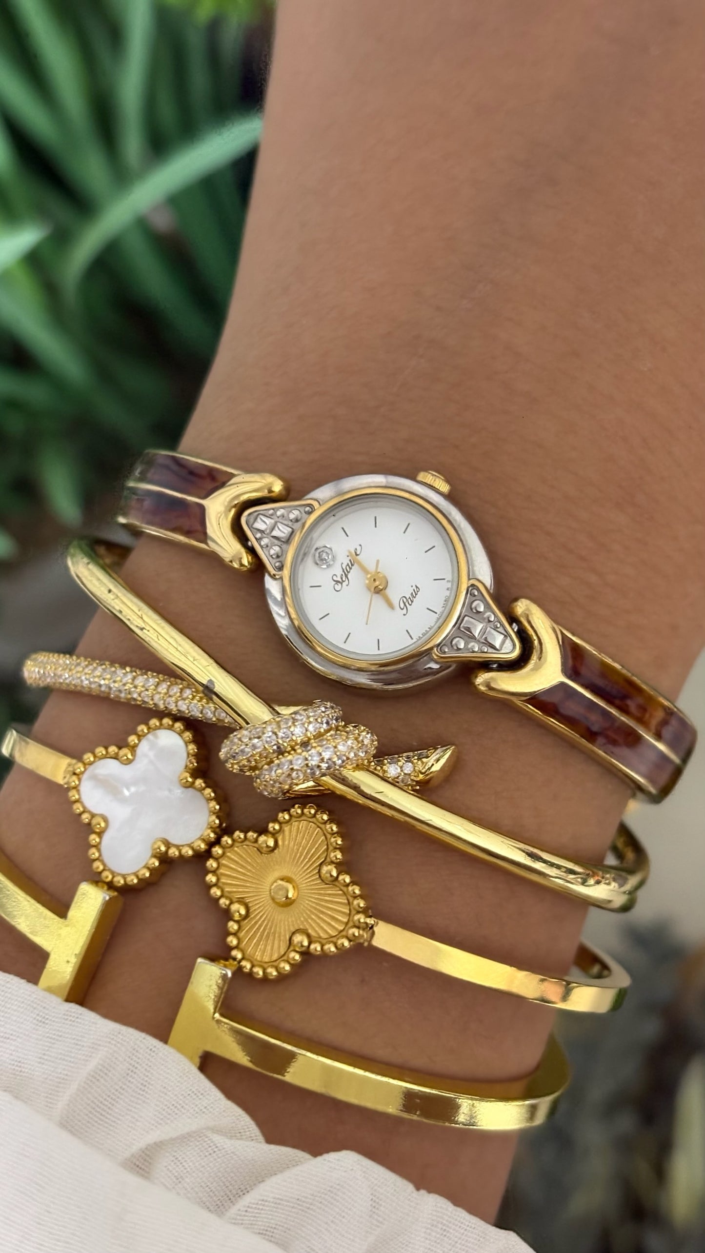 Rare Vintage Sefaire Paris Tortoise Shell Accent Bangle Watch in Two-Tone Quartz