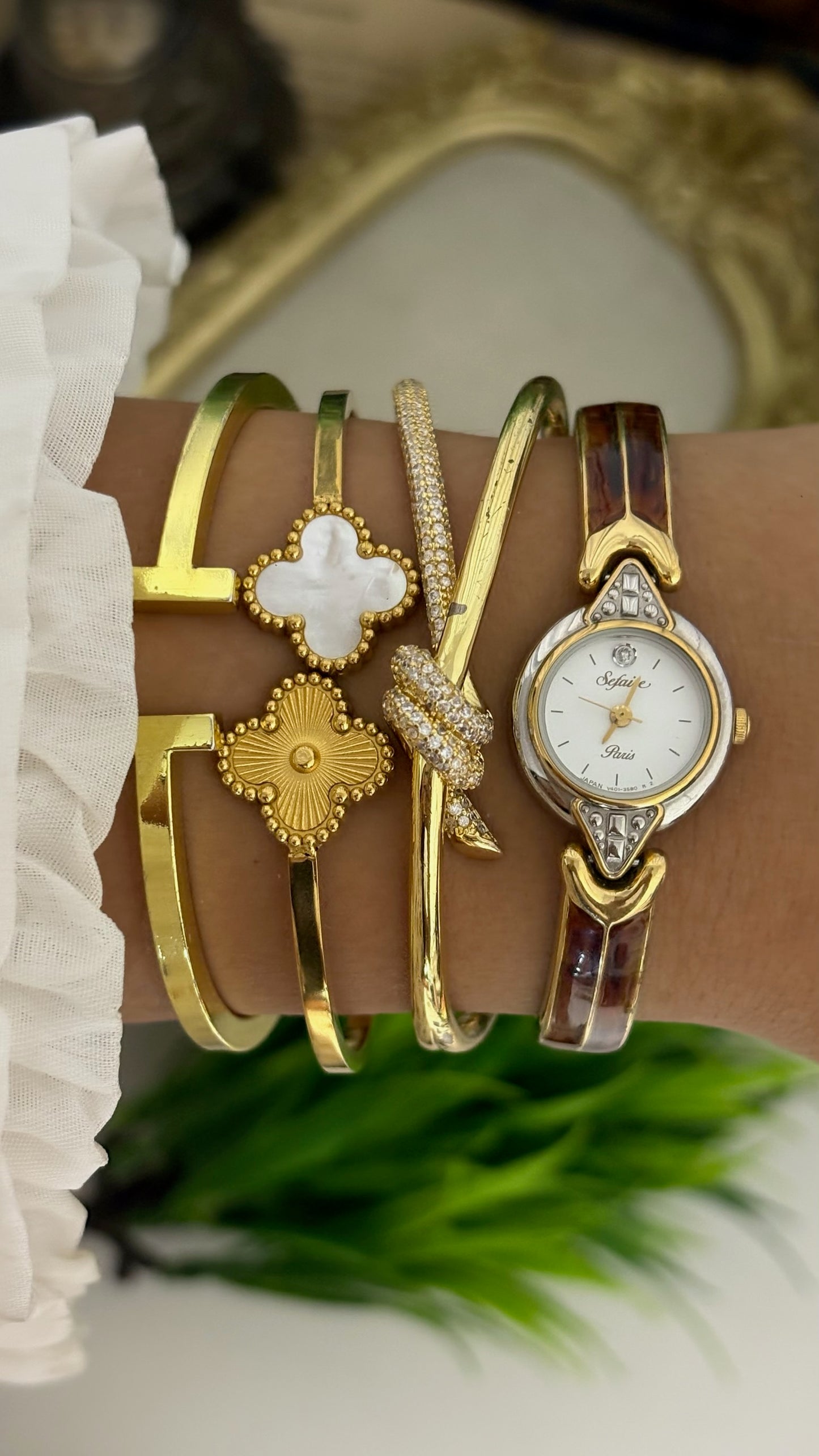 Rare Vintage Sefaire Paris Tortoise Shell Accent Bangle Watch in Two-Tone Quartz
