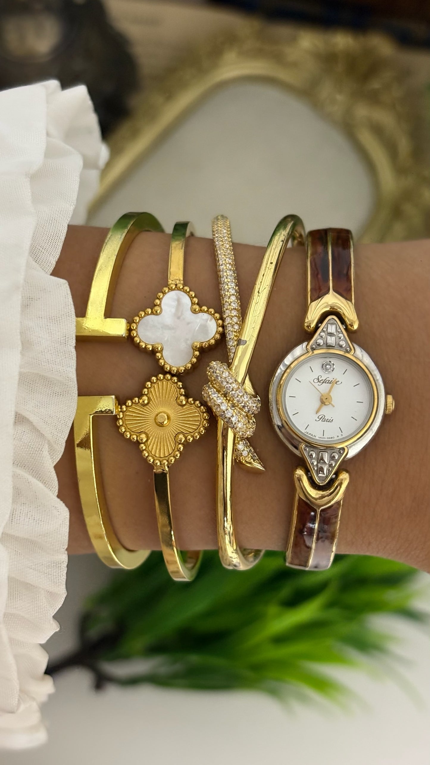Rare Vintage Sefaire Paris Tortoise Shell Accent Bangle Watch in Two-Tone Quartz