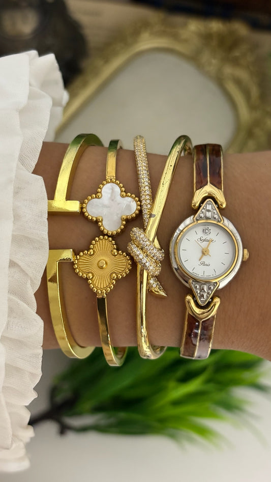 Rare Vintage Sefaire Paris Tortoise Shell Accent Bangle Watch in Two-Tone Quartz