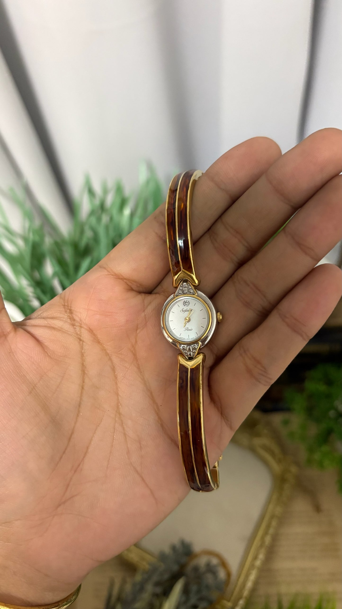 Rare Vintage Sefaire Paris Tortoise Shell Accent Bangle Watch in Two-Tone Quartz