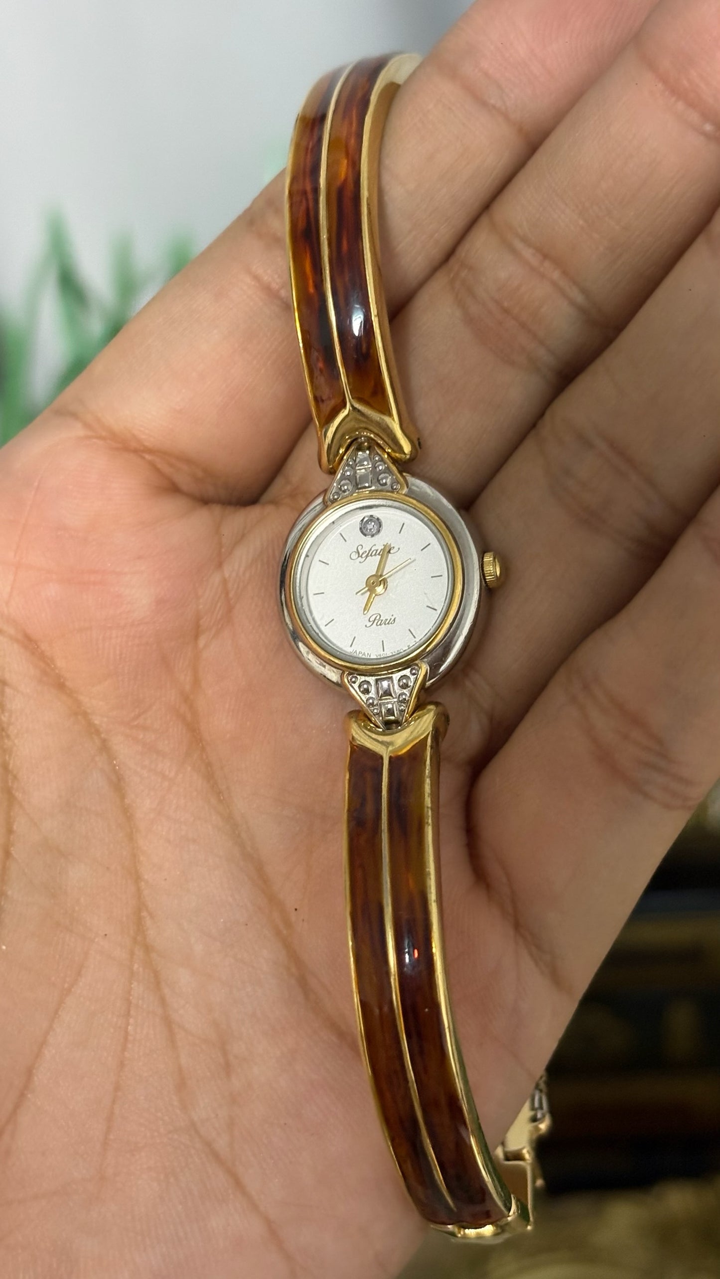 Rare Vintage Sefaire Paris Tortoise Shell Accent Bangle Watch in Two-Tone Quartz