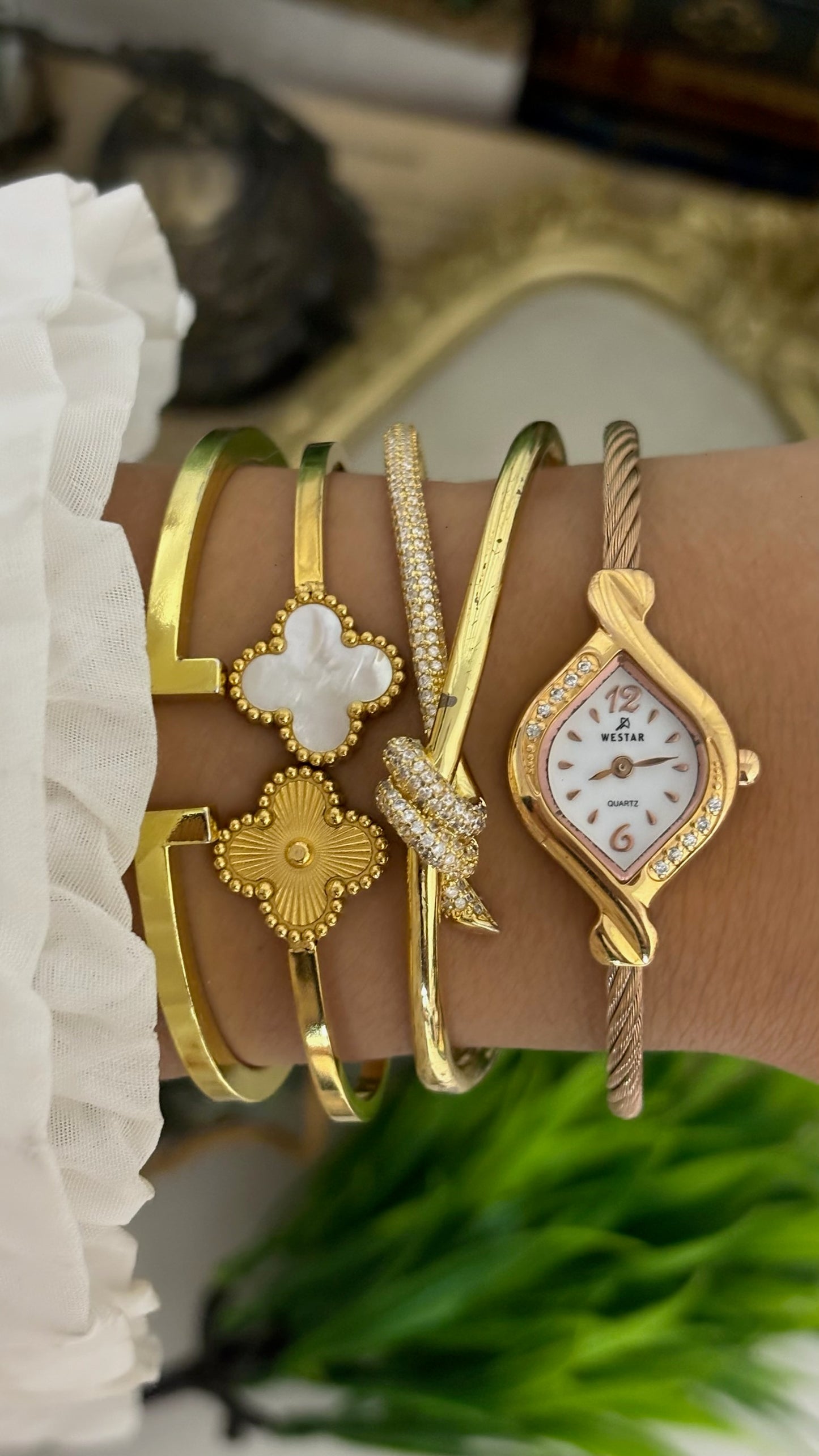 Rare Vintage Westar Eyeshaped Rhinestone Accent Cable Bangle Watch in Gold Tone Quartz