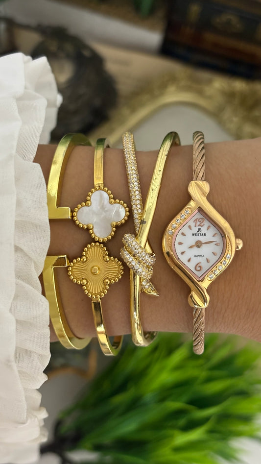 Rare Vintage Westar Eyeshaped Rhinestone Accent Cable Bangle Watch in Gold Tone Quartz