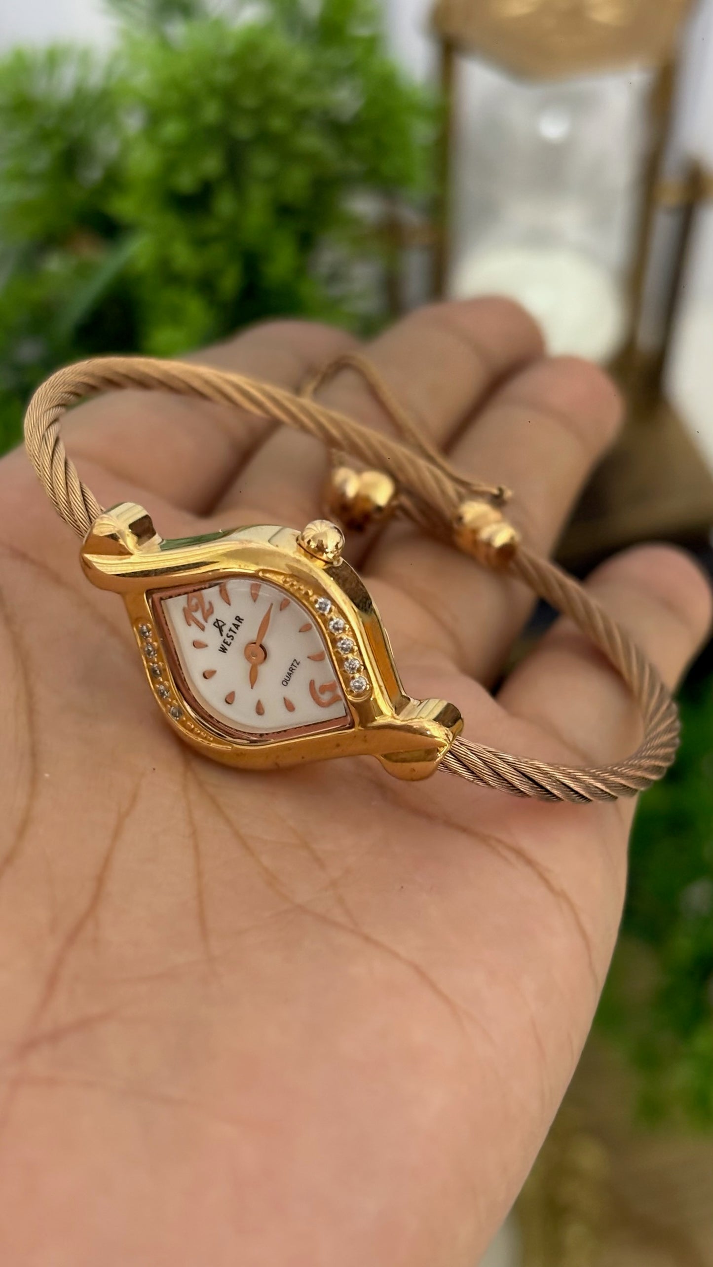 Rare Vintage Westar Eyeshaped Rhinestone Accent Cable Bangle Watch in Gold Tone Quartz