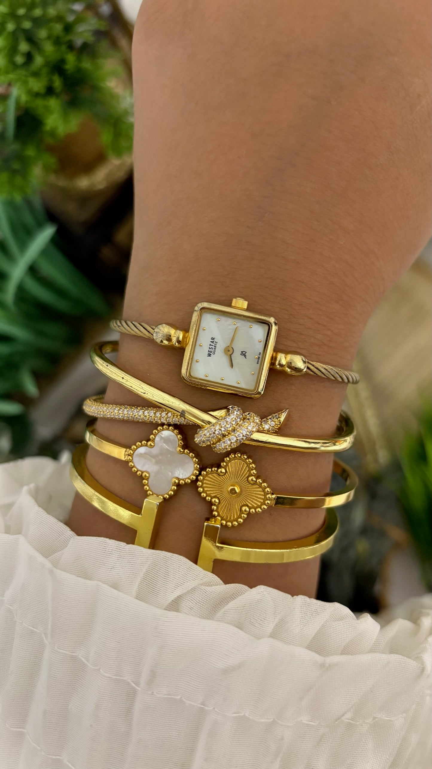Extremely Rare Vintage Westar Square Mother of Pearl Dial Cable Bangle Watch in Gold Tone Quartz