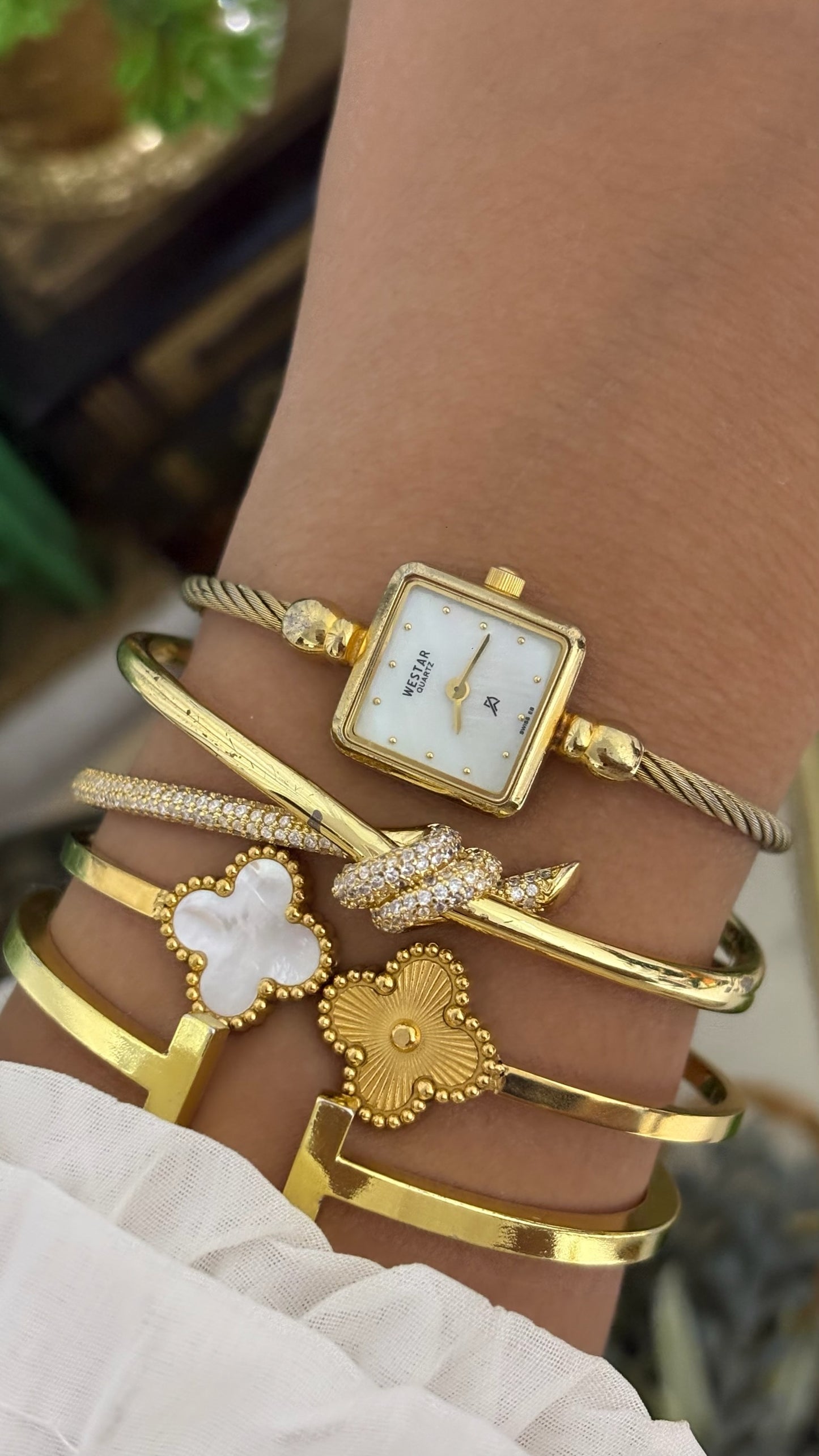 Extremely Rare Vintage Westar Square Mother of Pearl Dial Cable Bangle Watch in Gold Tone Quartz