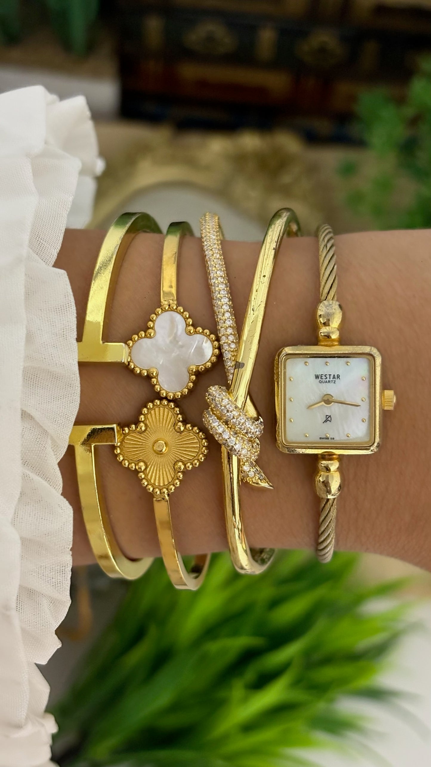 Extremely Rare Vintage Westar Square Mother of Pearl Dial Cable Bangle Watch in Gold Tone Quartz