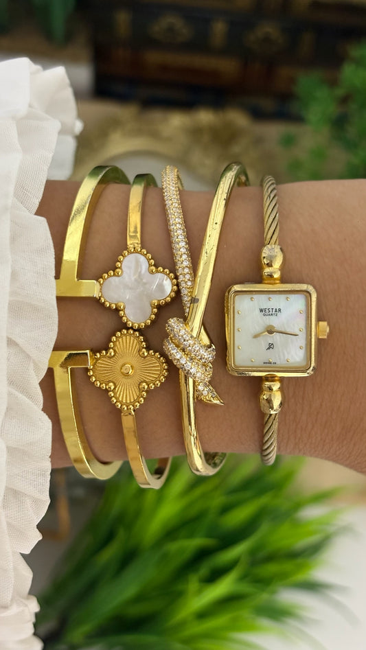 Extremely Rare Vintage Westar Square Mother of Pearl Dial Cable Bangle Watch in Gold Tone Quartz