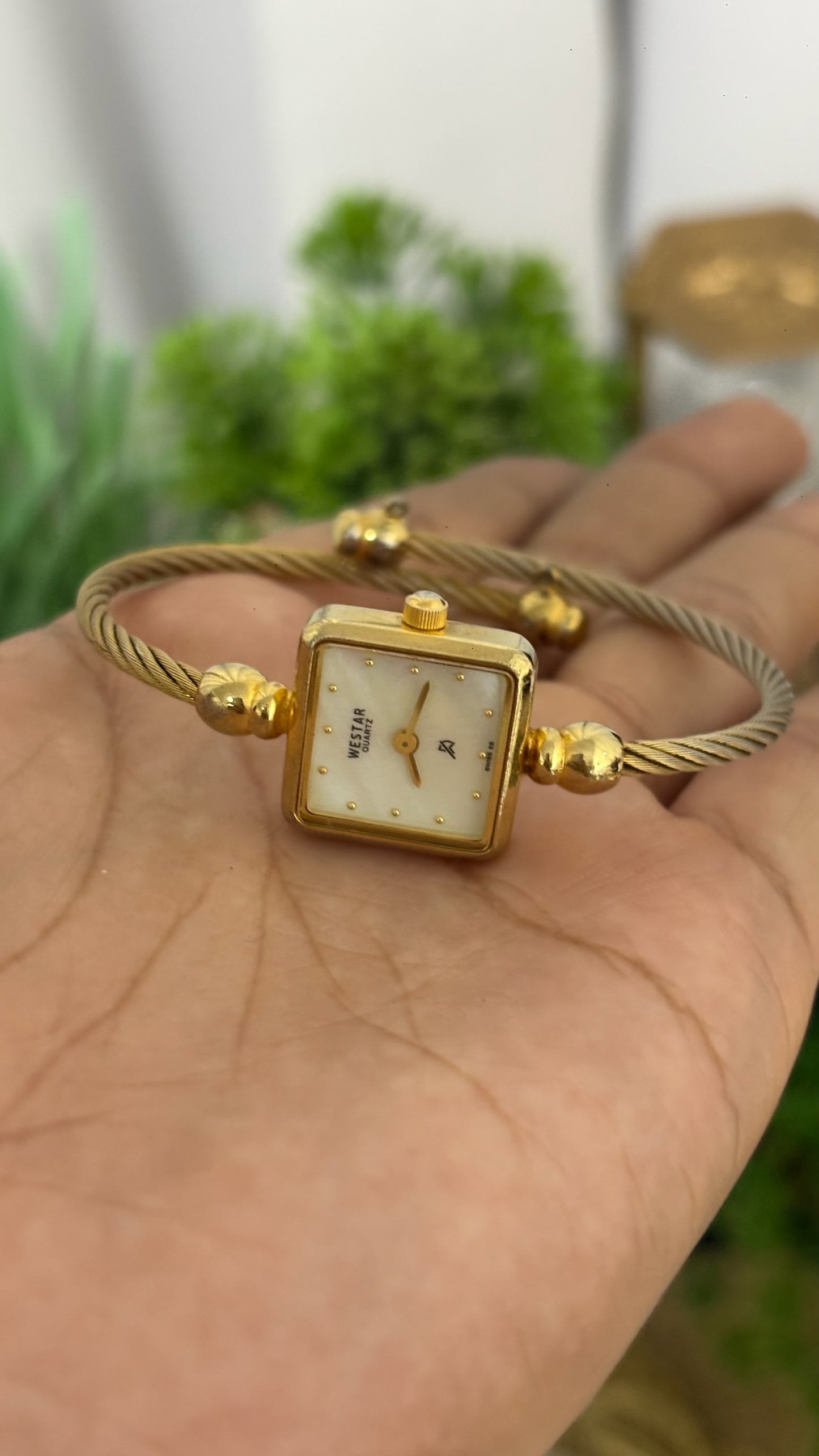 Extremely Rare Vintage Westar Square Mother of Pearl Dial Cable Bangle Watch in Gold Tone Quartz