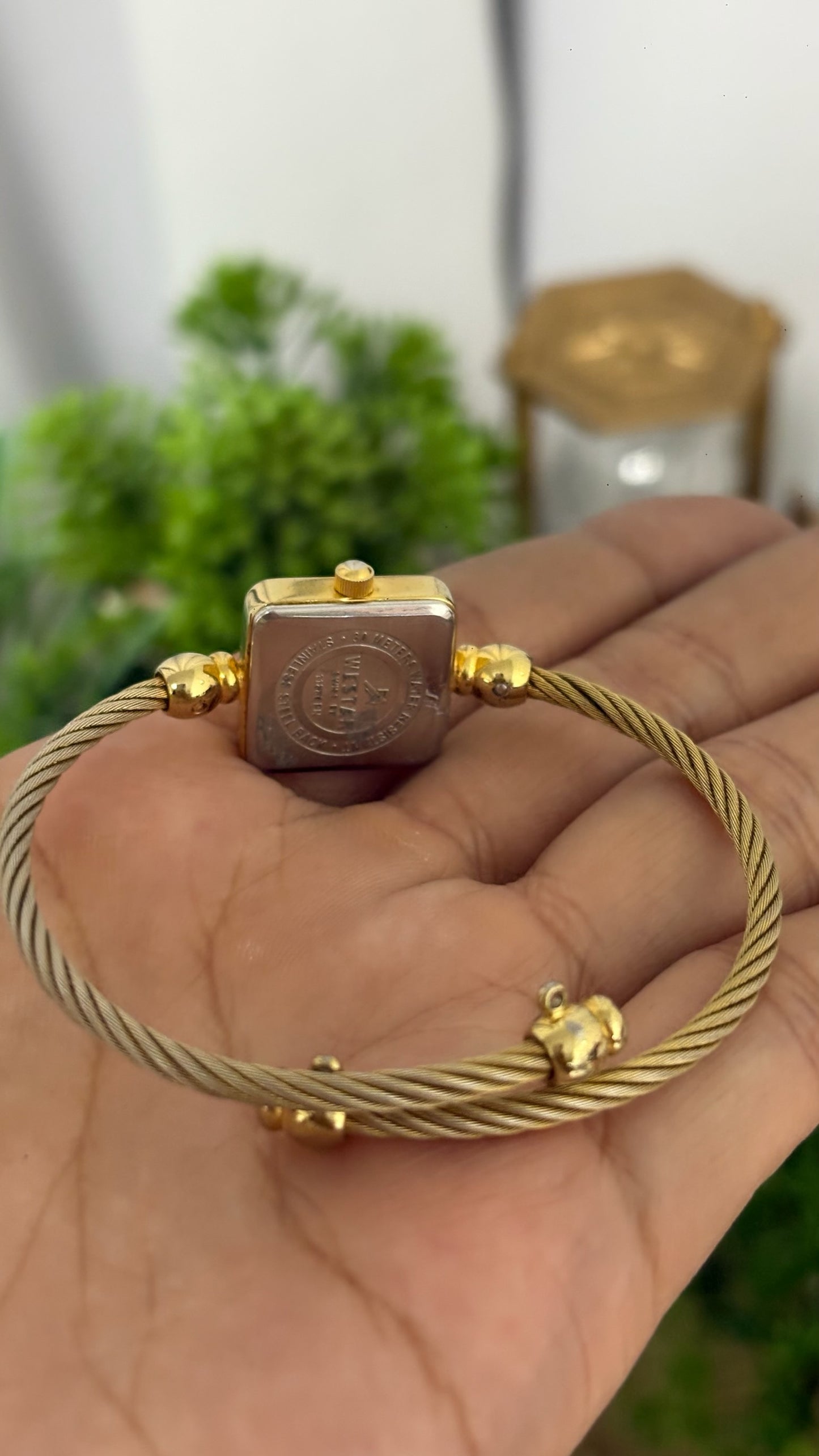 Extremely Rare Vintage Westar Square Mother of Pearl Dial Cable Bangle Watch in Gold Tone Quartz