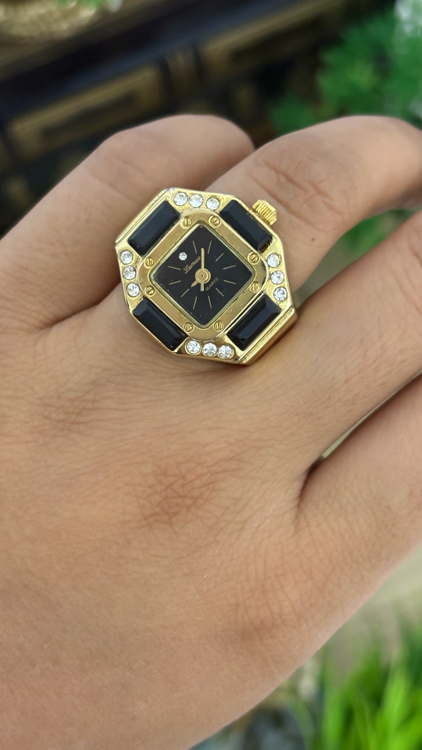 Extremely Rare Lamue Black Onyx Accents Ring Watch in Gold Tone Black Dial Quartz