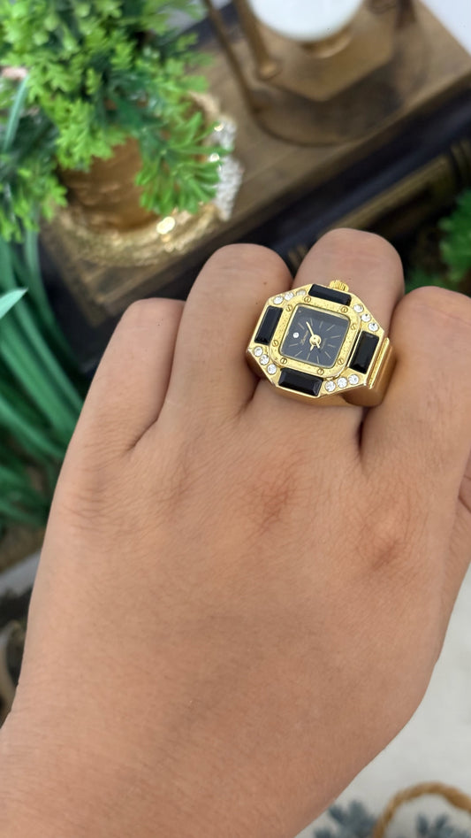 Extremely Rare Lamue Black Onyx Accents Ring Watch in Gold Tone Black Dial Quartz
