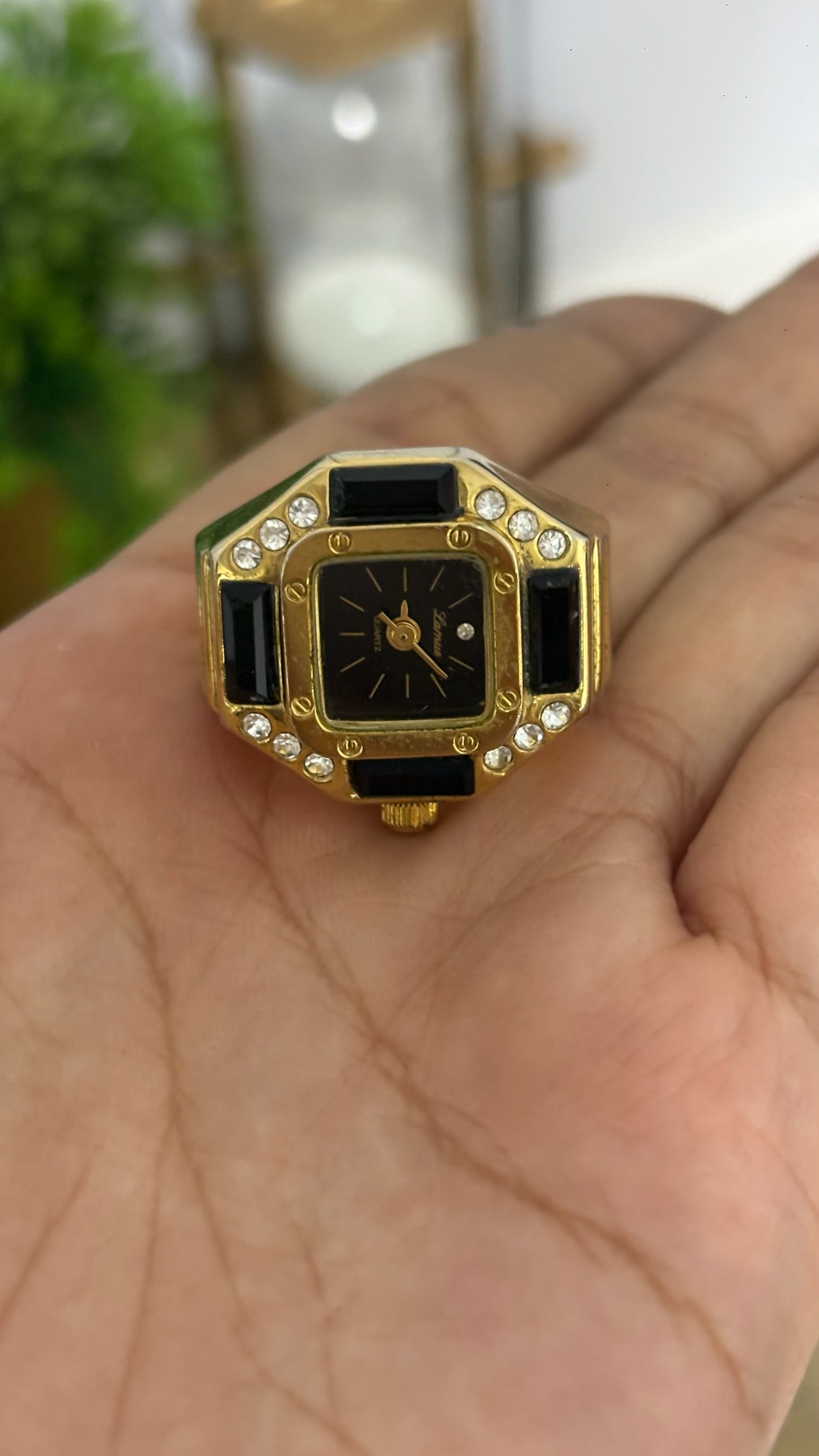 Extremely Rare Lamue Black Onyx Accents Ring Watch in Gold Tone Black Dial Quartz