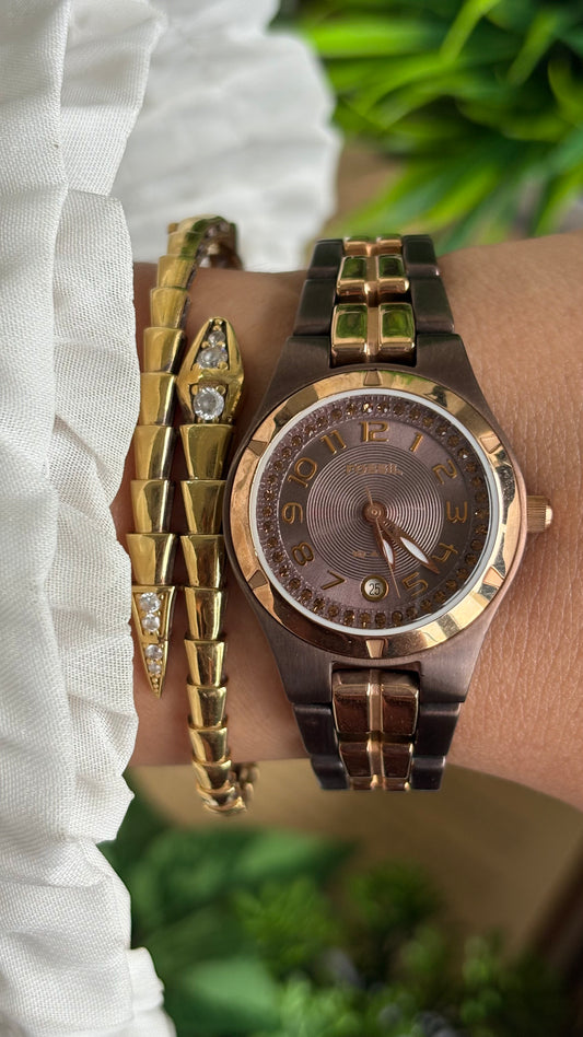 Vintage Fossil Watch in Rose Gold Tone Brown Accent