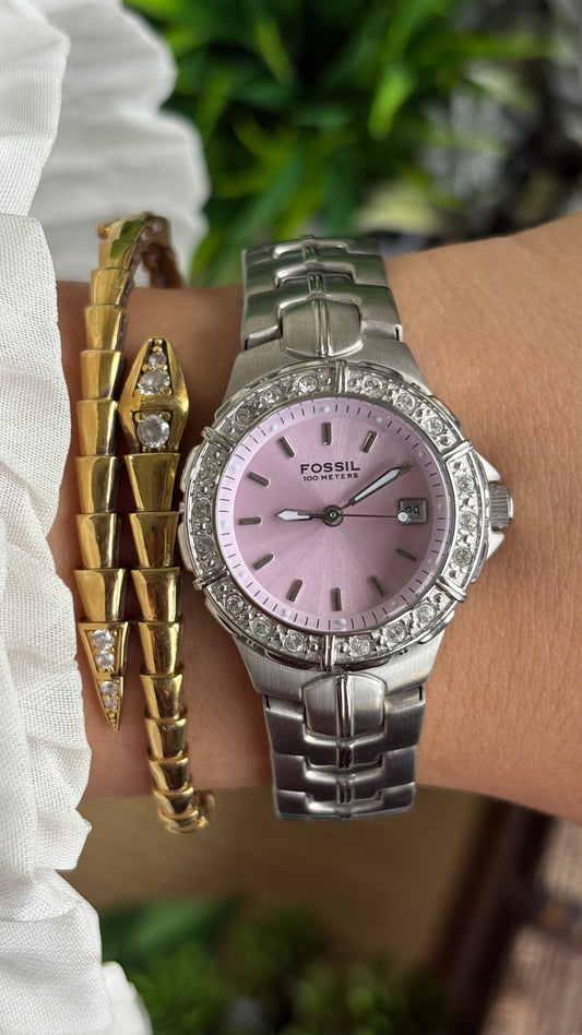 Vintage Fossil Bejeweled Watch in Silver Tone Pink Dial