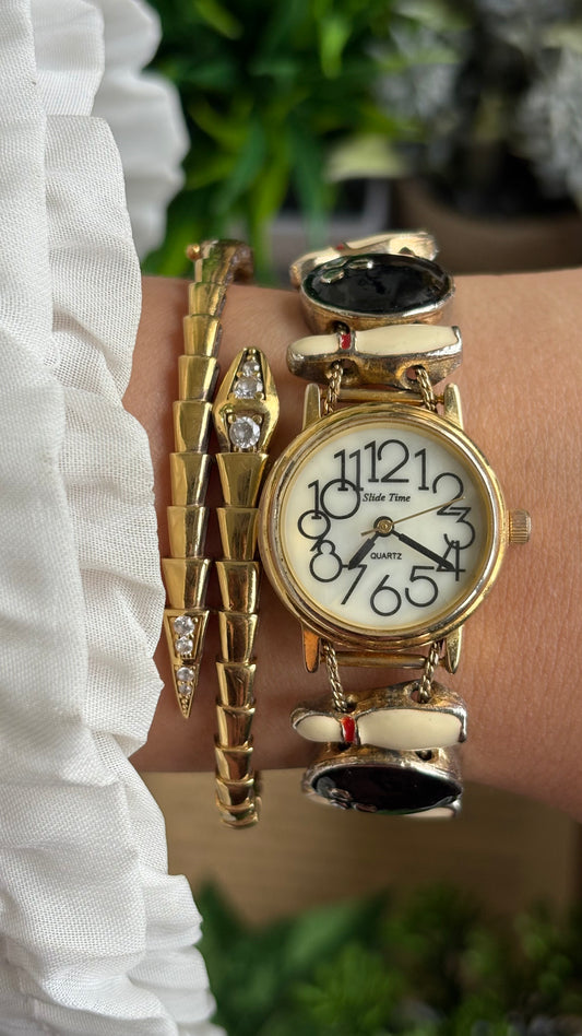 Vintage Slide Time Bowling Charm Watch in Gold Tone Mother of Pearl Dial