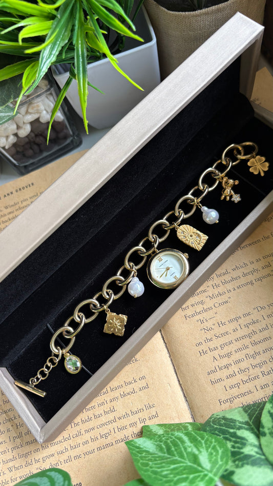 Extremely Rare Vintage Casual Corner Charm Watch in Gold Tone Mother of Pearl Dial