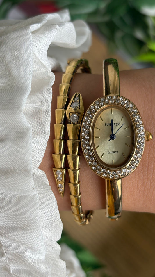 Vintage Sunlifex Baignoire Bejeweled Watch in Gold Tone Cartier Style