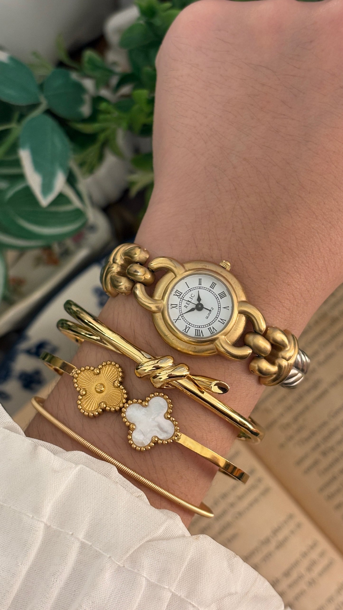 Rare Vintage Relic Fossil Chevron Style Bangle Watch in Two-Tone Quartz