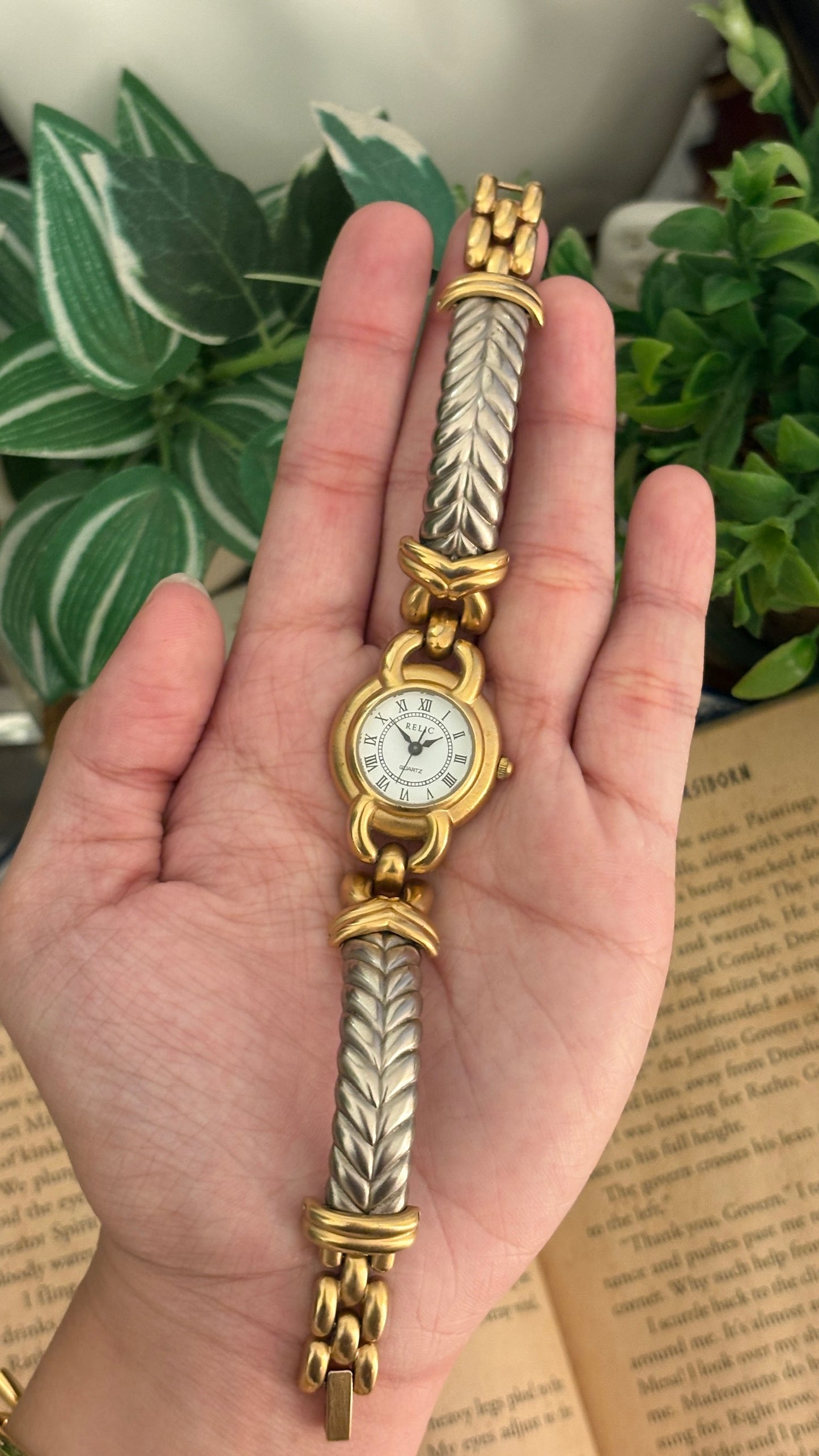 Rare Vintage Relic Fossil Chevron Style Bangle Watch in Two-Tone Quartz
