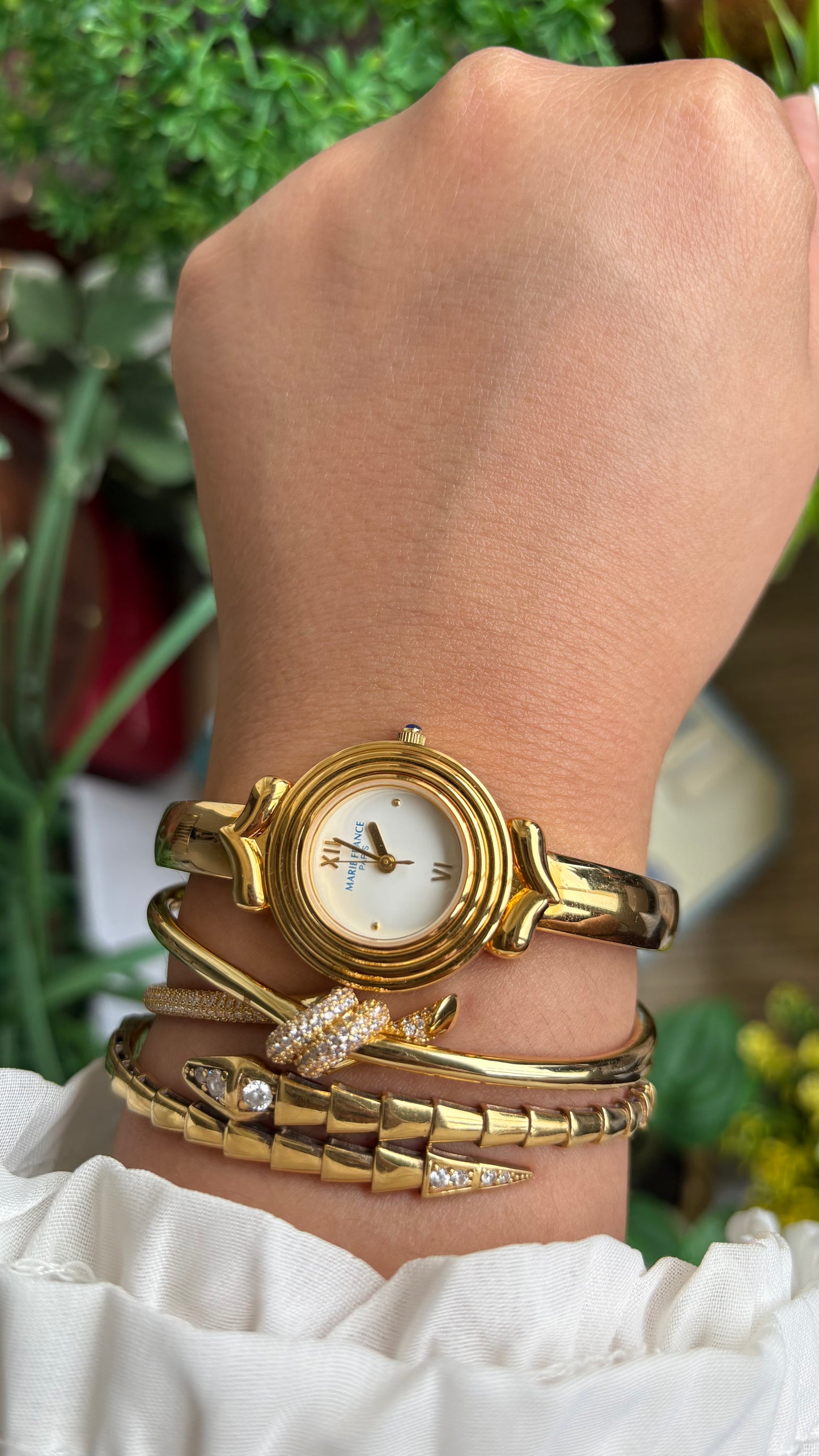 Vintage Marie France Interchangeable Bezel Set Bangle Watch in Gold Tone