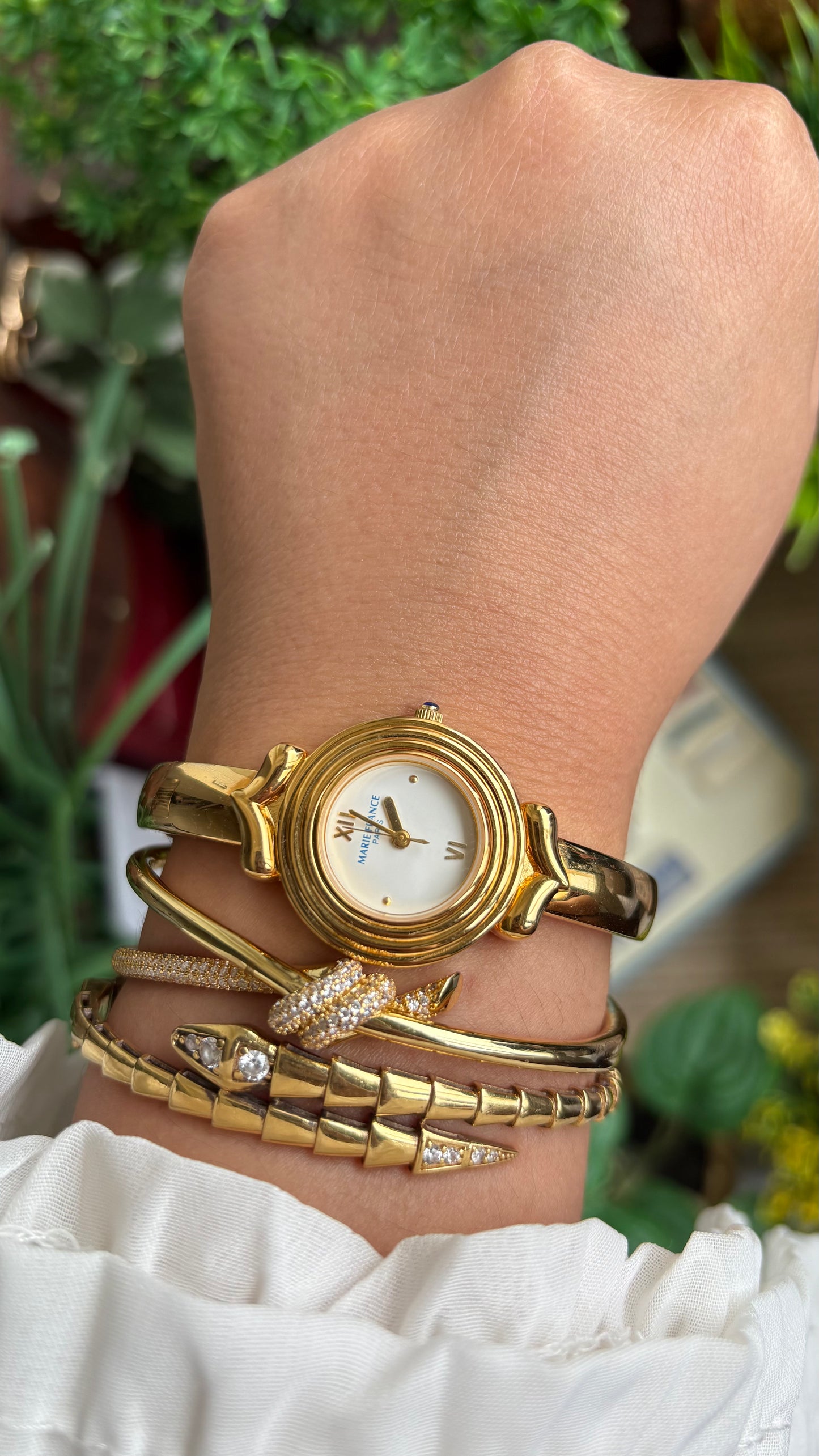 Vintage Marie France Interchangeable Bezel Set Bangle Watch in Gold Tone