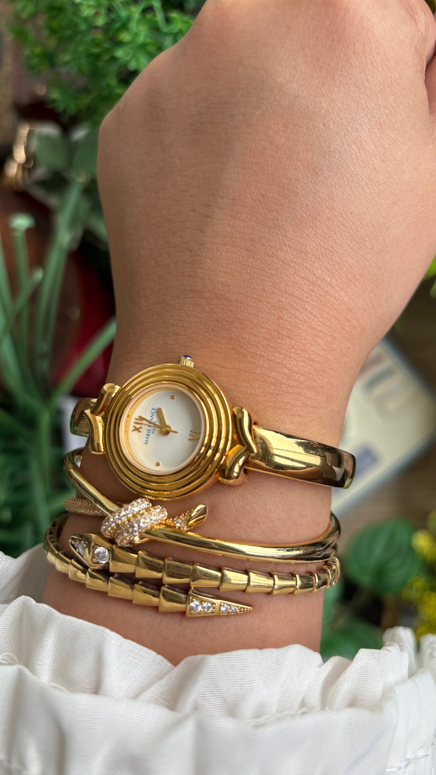 Vintage Marie France Interchangeable Bezel Set Bangle Watch in Gold Tone