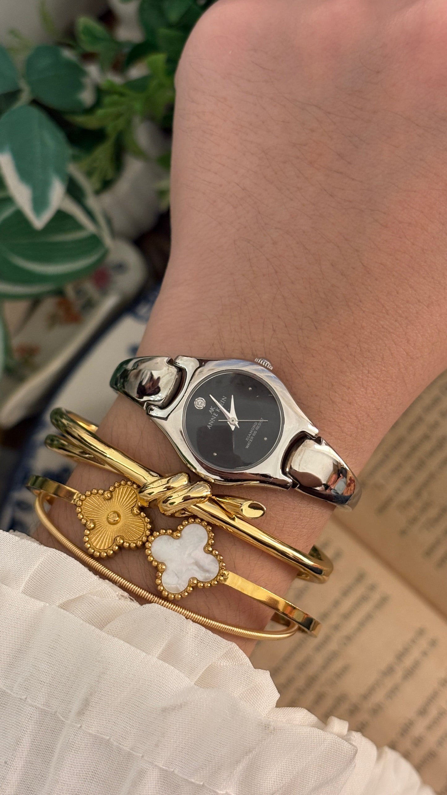 Vintage Anne Klein Black Dial Bangle Watch in Silver Tone Quartz