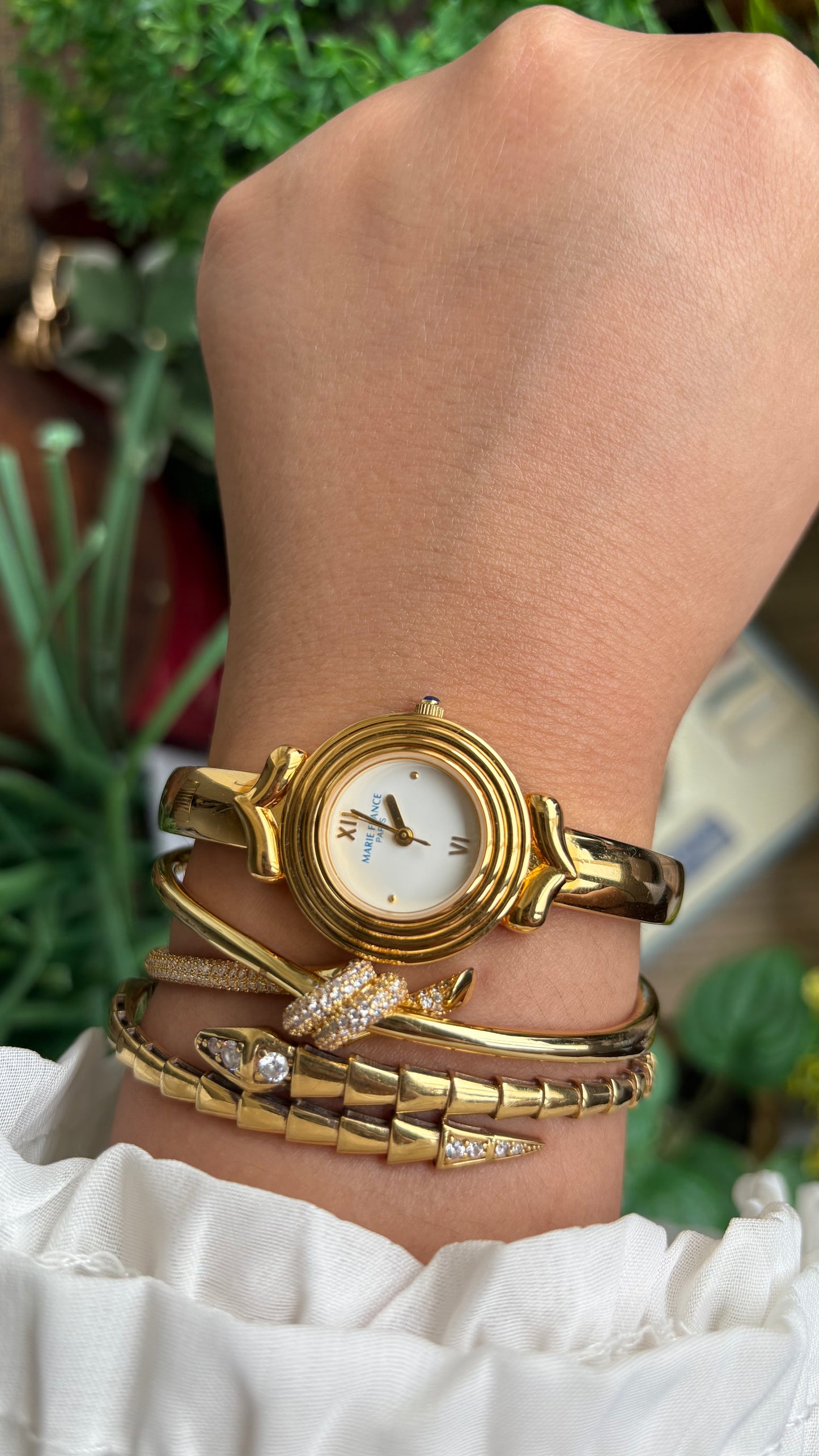 Vintage Marie France Interchangeable Bezel Set Bangle Watch in Gold Tone