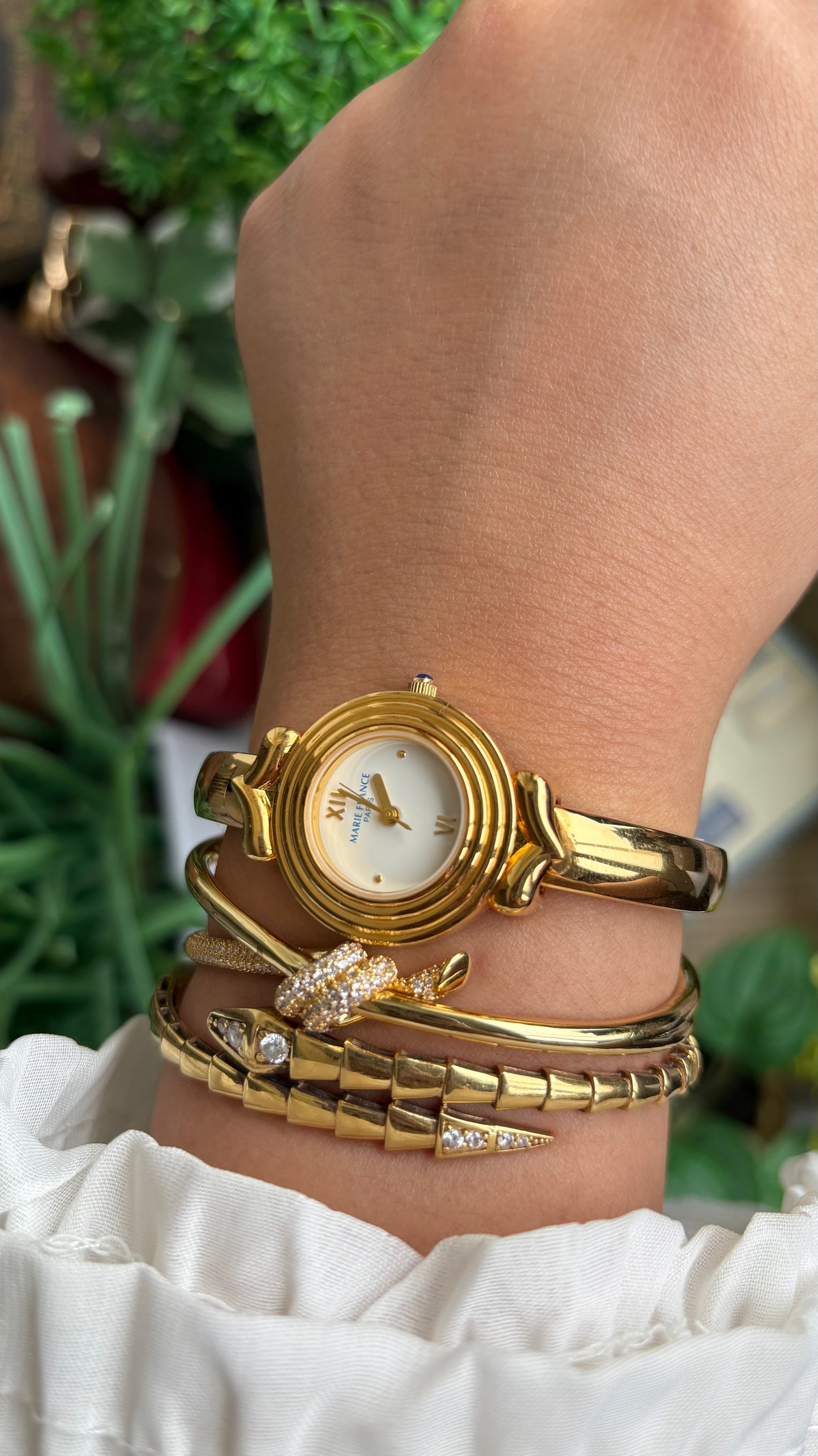 Vintage Marie France Interchangeable Bezel Set Bangle Watch in Gold Tone