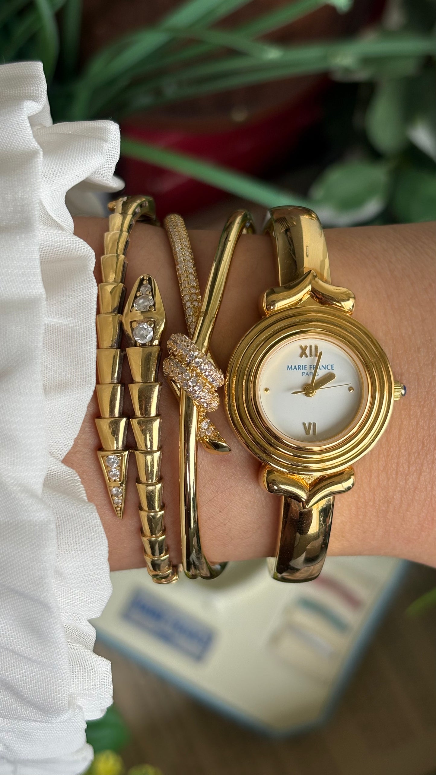 Vintage Marie France Interchangeable Bezel Set Bangle Watch in Gold Tone