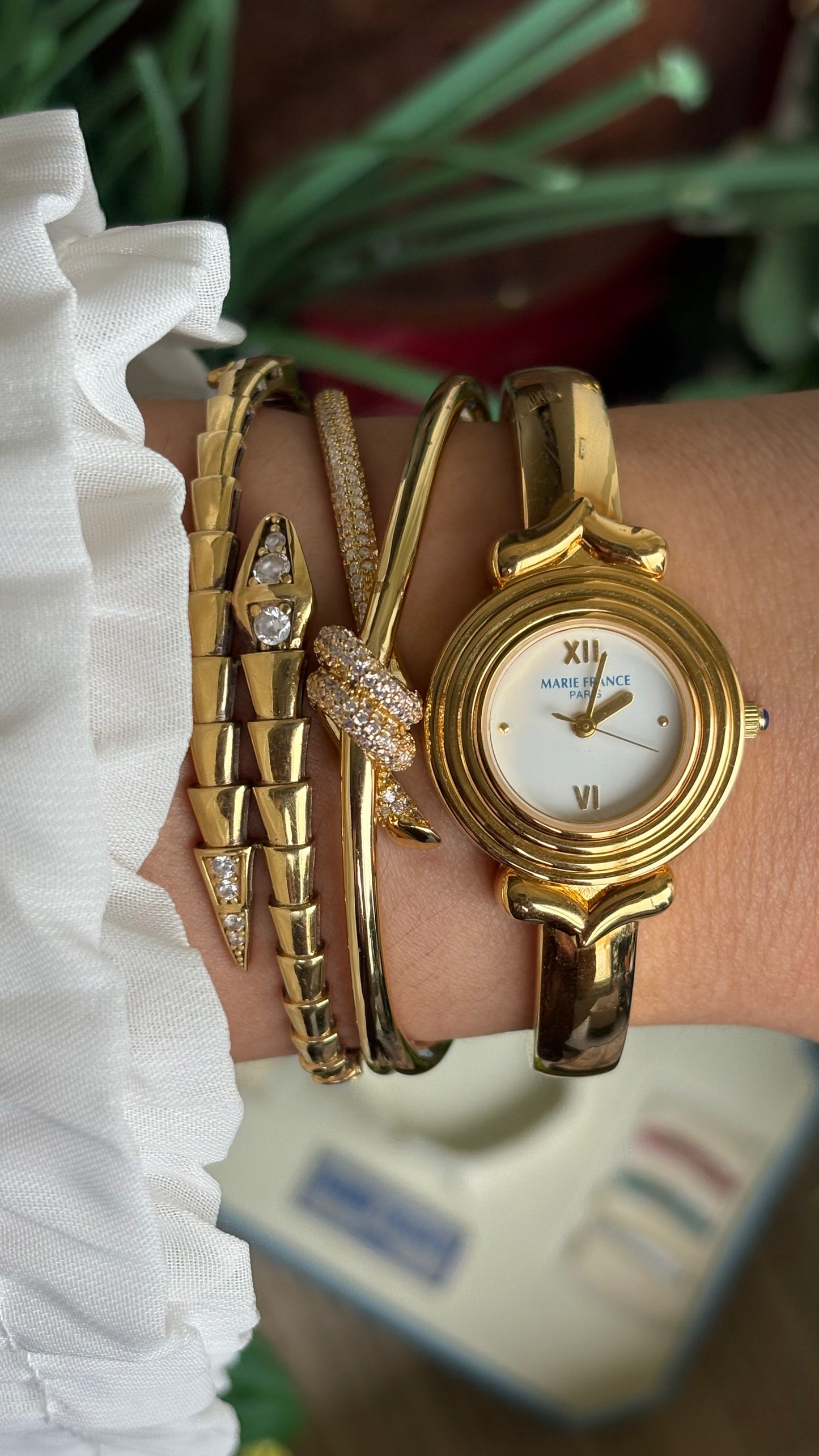 Vintage Marie France Interchangeable Bezel Set Bangle Watch in Gold Tone