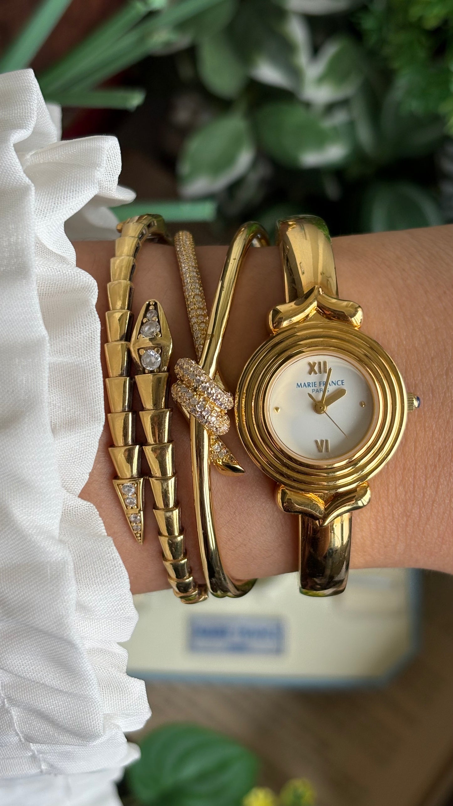Vintage Marie France Interchangeable Bezel Set Bangle Watch in Gold Tone