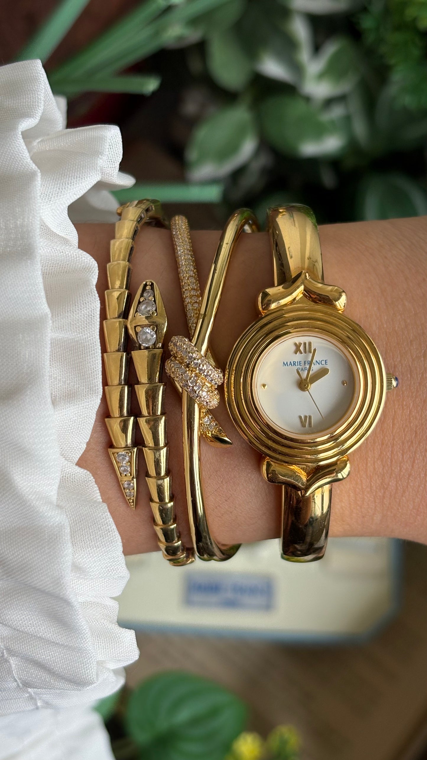 Vintage Marie France Interchangeable Bezel Set Bangle Watch in Gold Tone