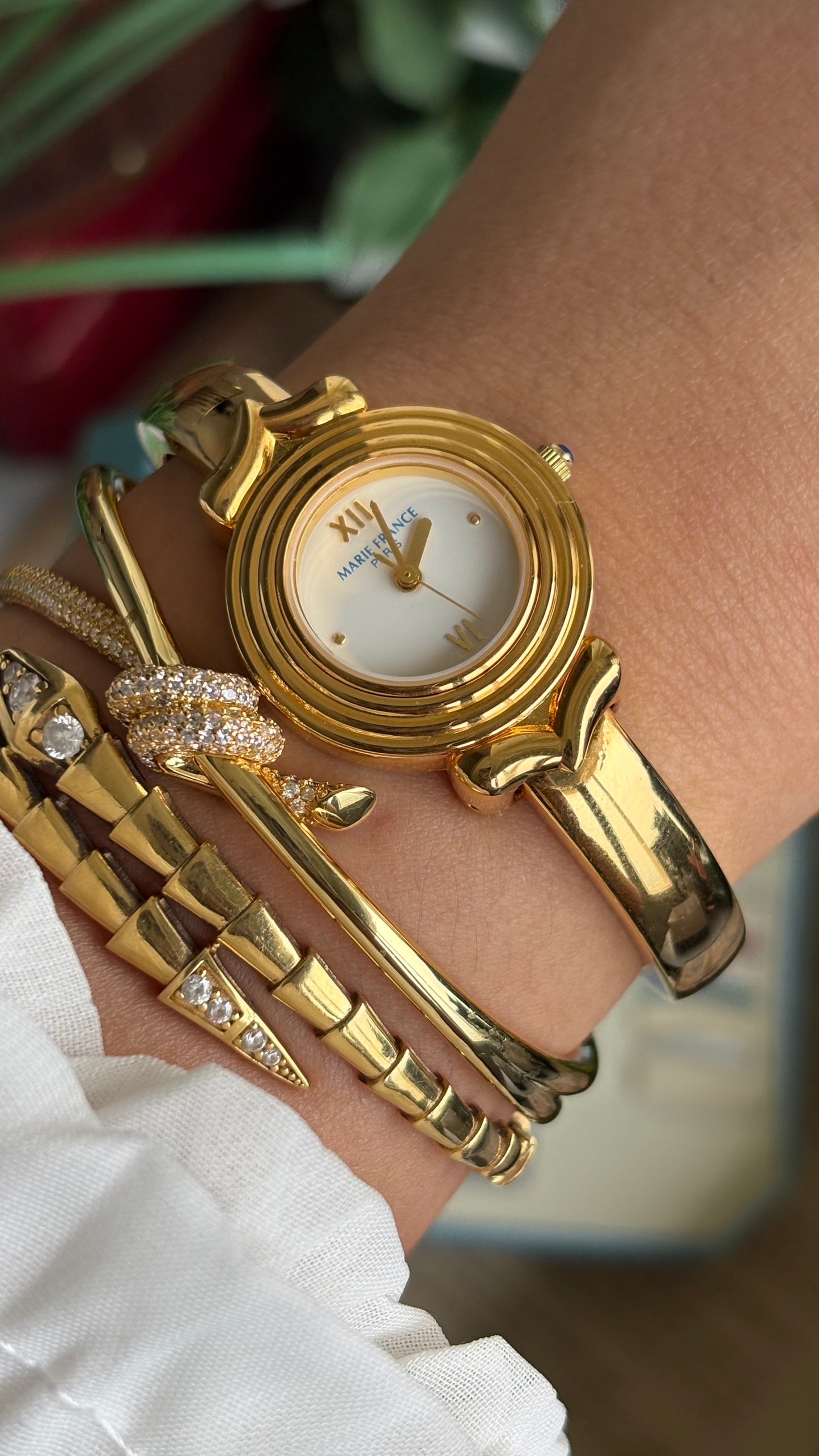 Vintage Marie France Interchangeable Bezel Set Bangle Watch in Gold Tone